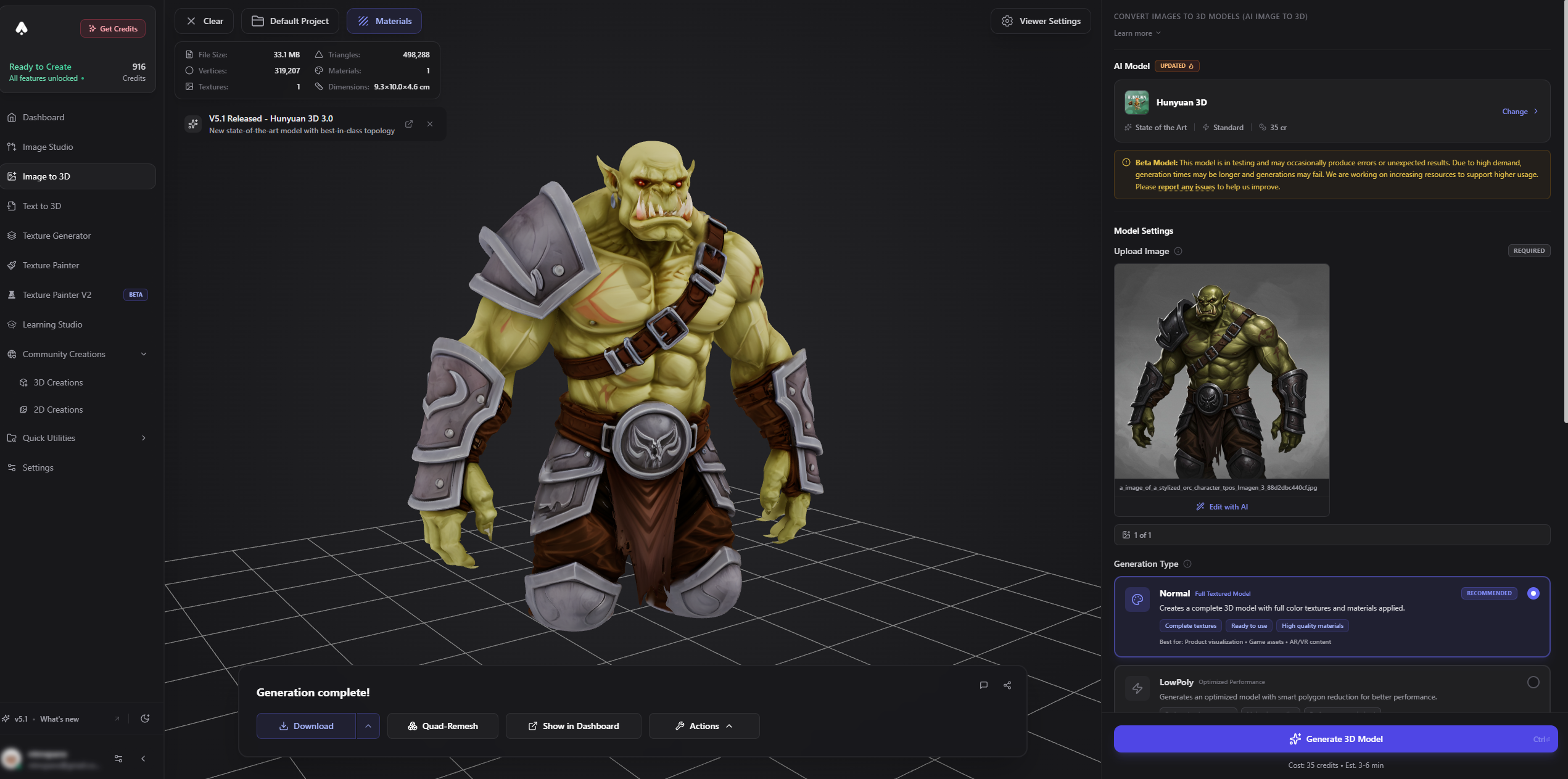3D AI Studiov1.1.0 - Screenshot showing the interface and features of this AI tool