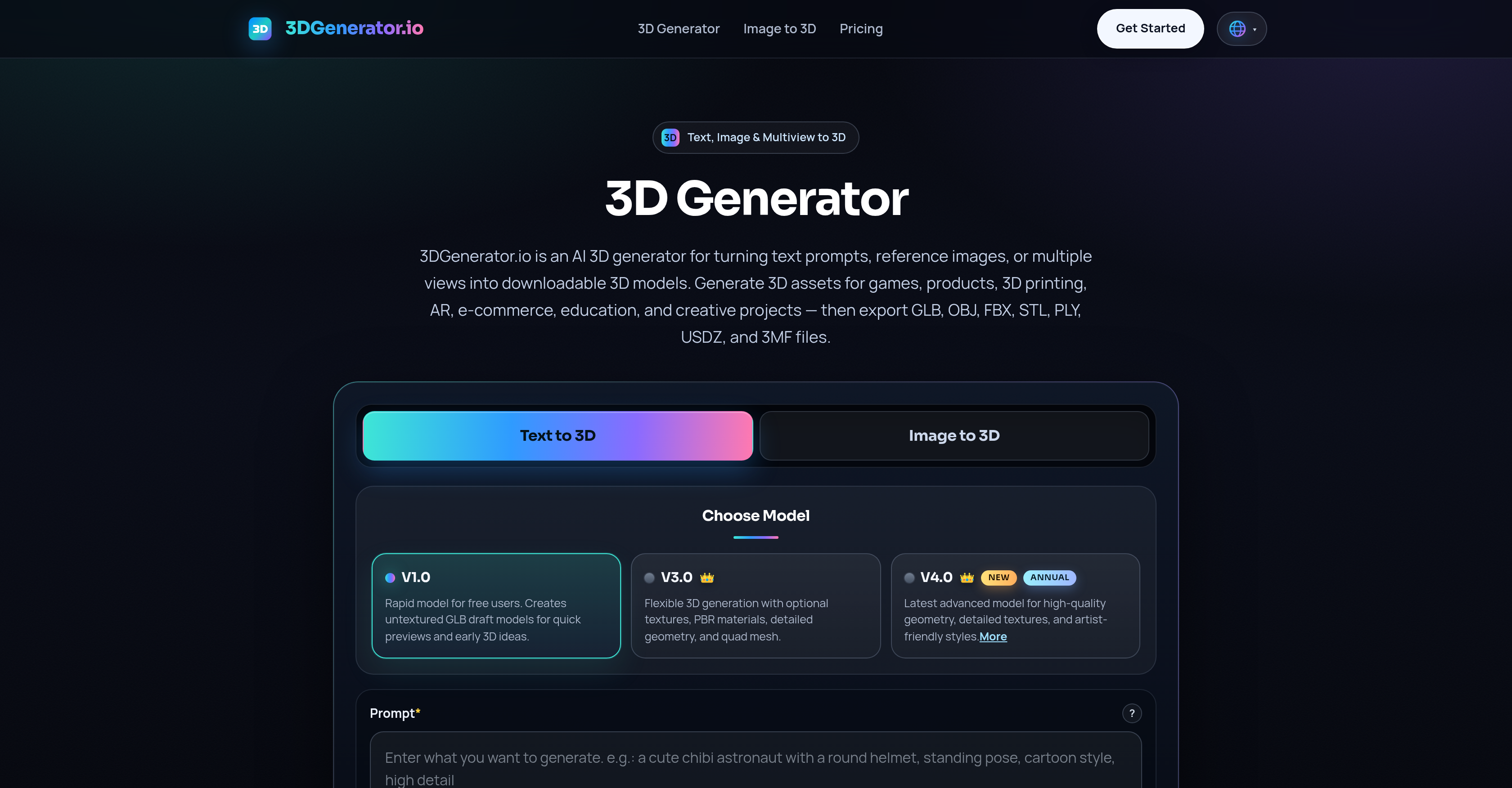 3DGenerator.io - Screenshot showing the interface and features of this AI tool