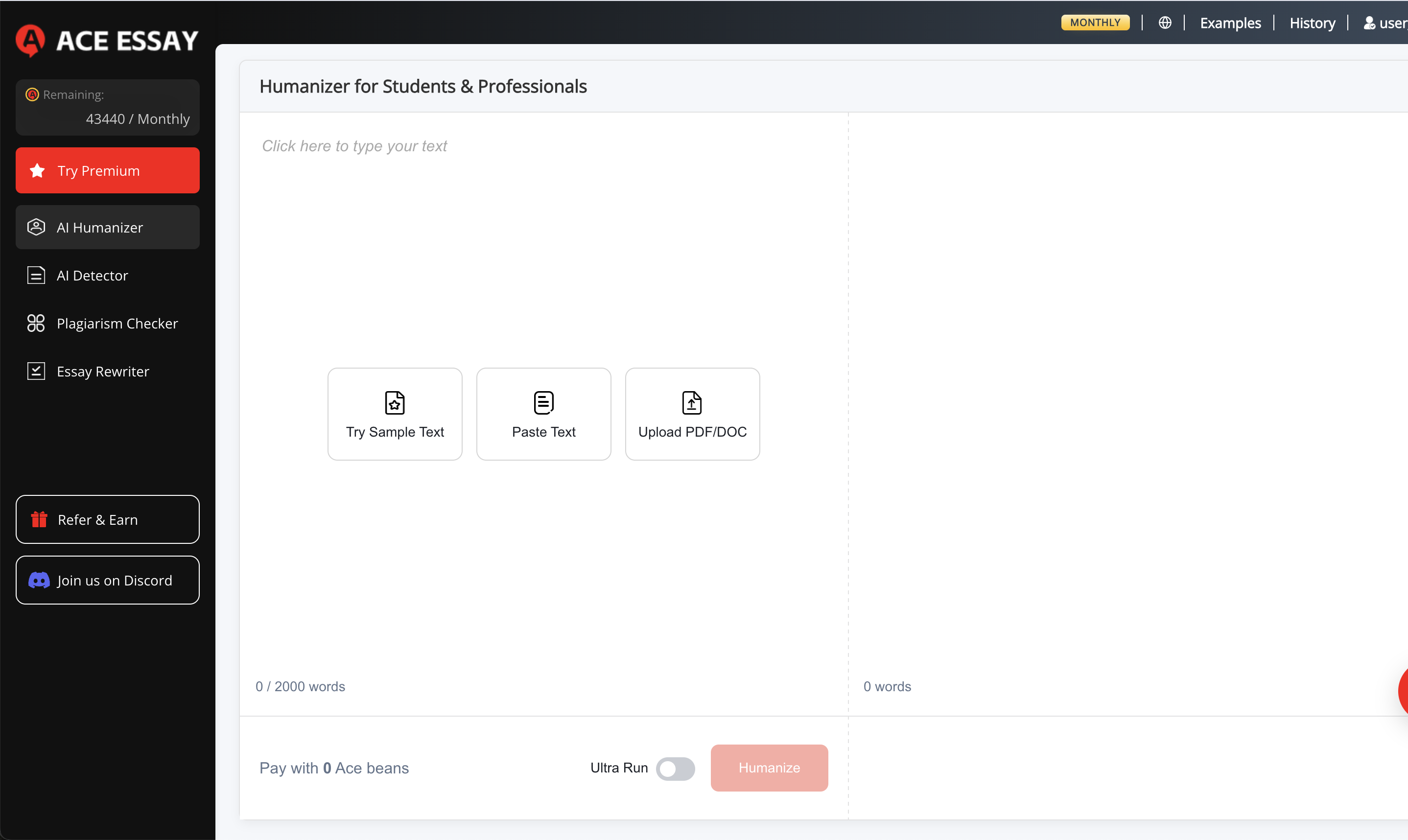 ACE ESSAY - Screenshot showing the interface and features of this AI tool