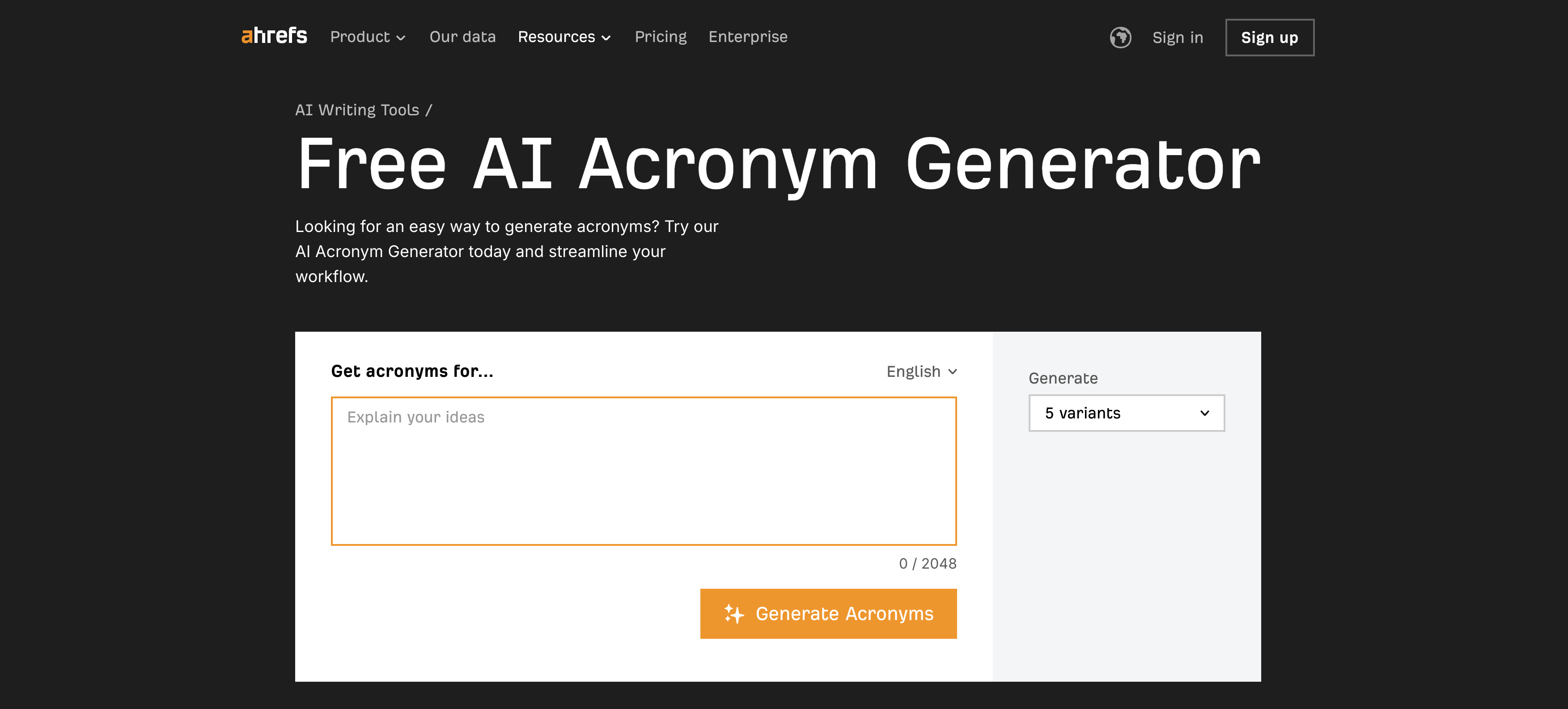 Acronym Generator by Ahrefs - Screenshot showing the interface and features of this AI tool