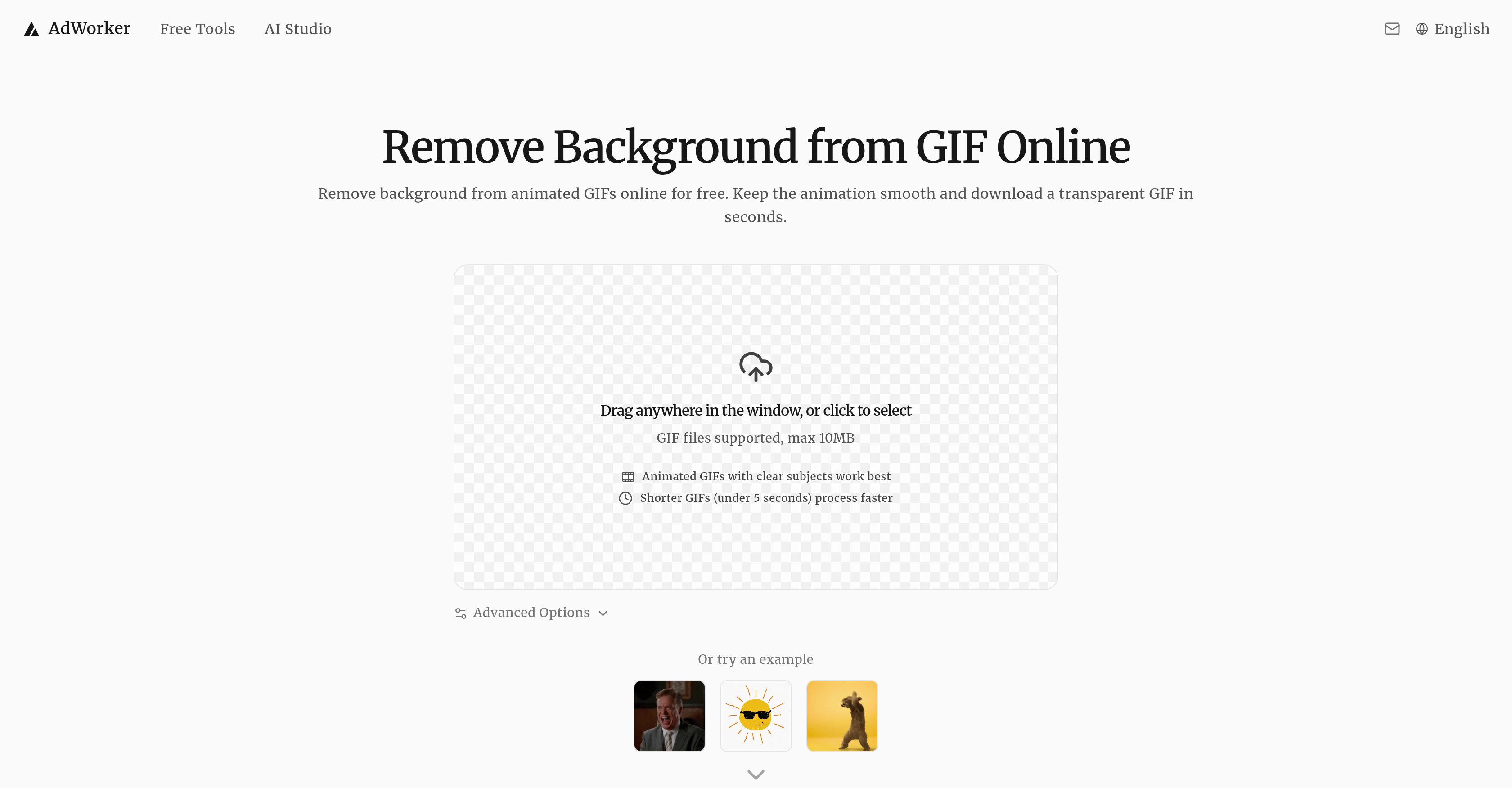 AdWorker | GIF Background Remover - Screenshot showing the interface and features of this AI tool