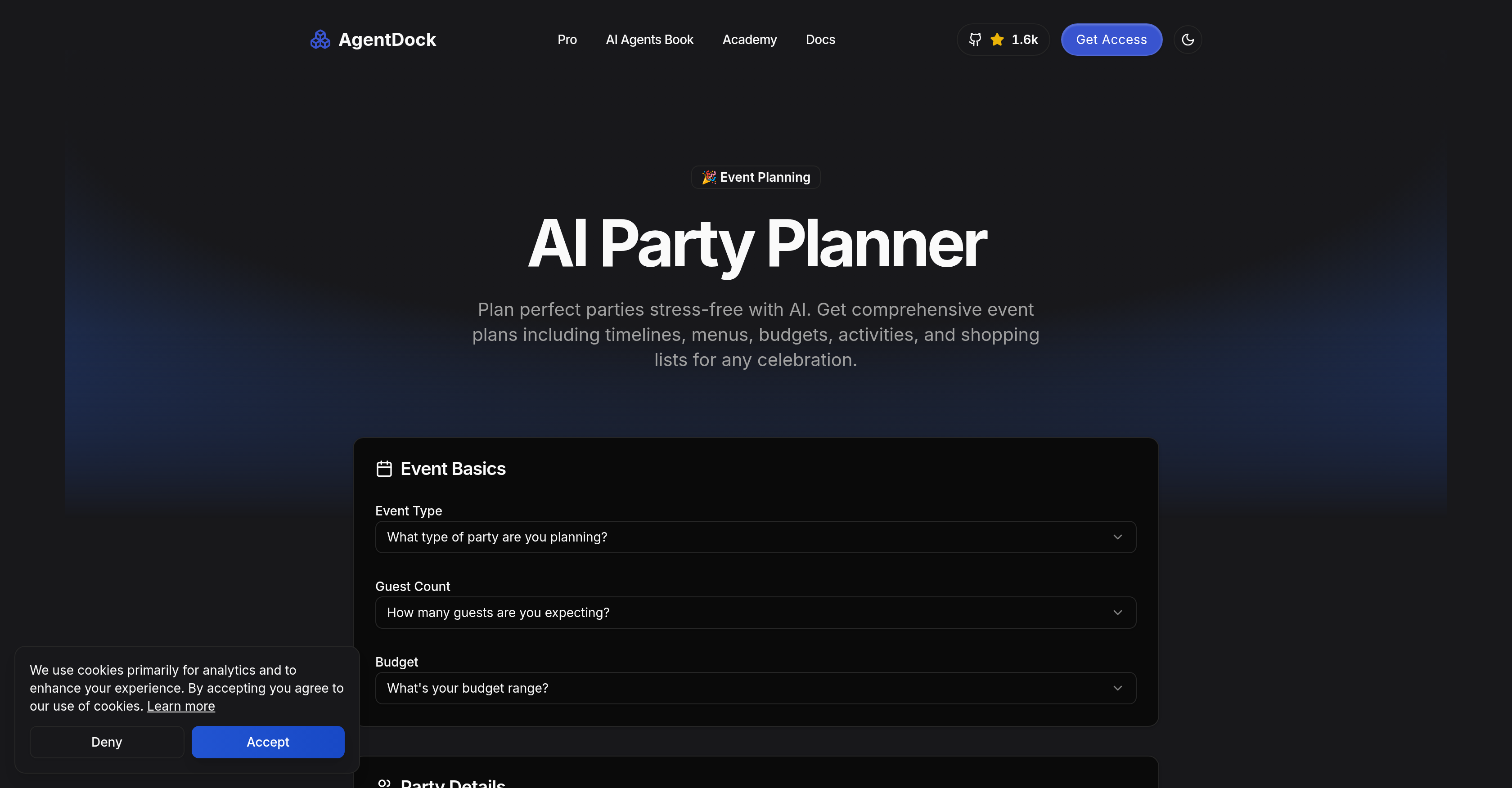 AgentDock - AI Party Planner - Screenshot showing the interface and features of this AI tool