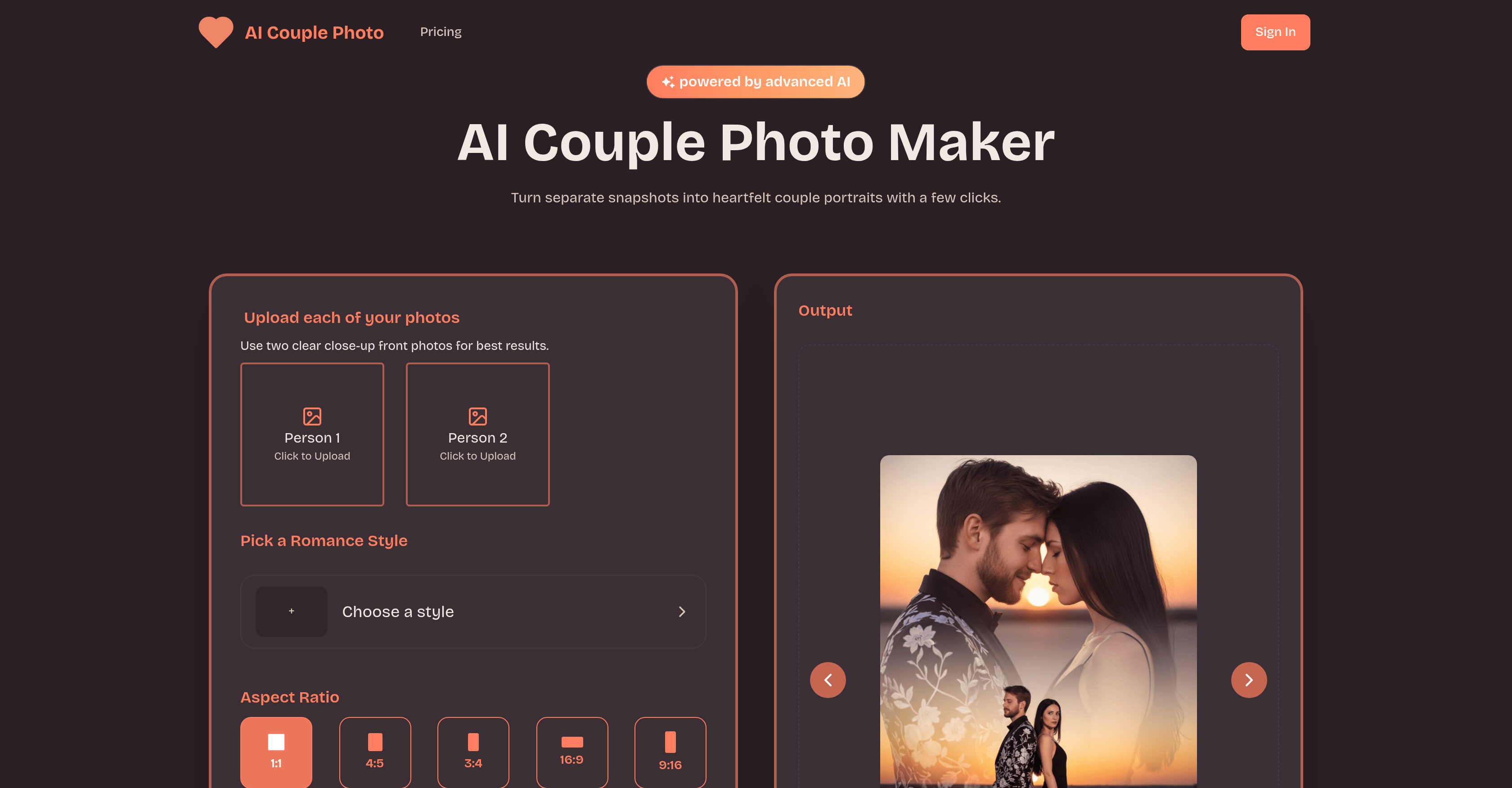 AI Couple Photo.com - Screenshot showing the interface and features of this AI tool
