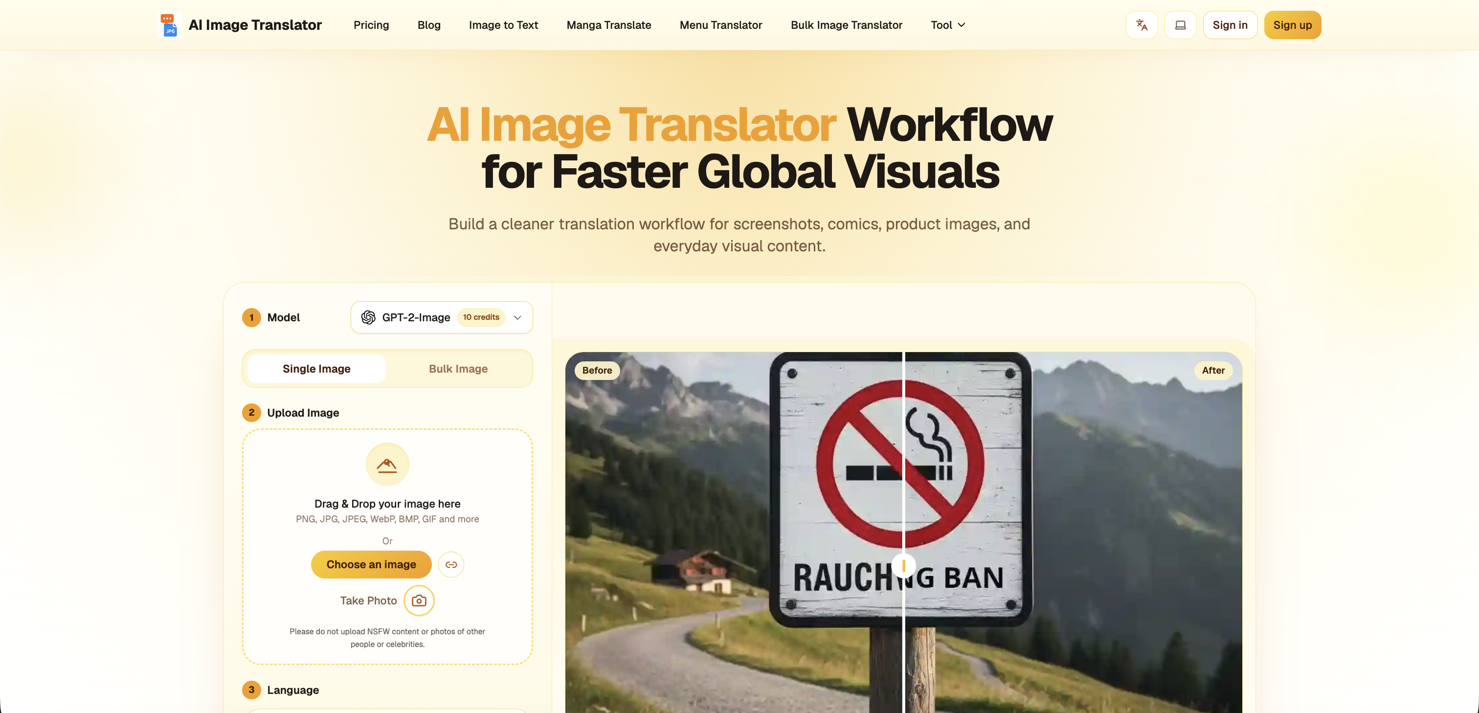 AI Image Translator.org - Screenshot showing the interface and features of this AI tool