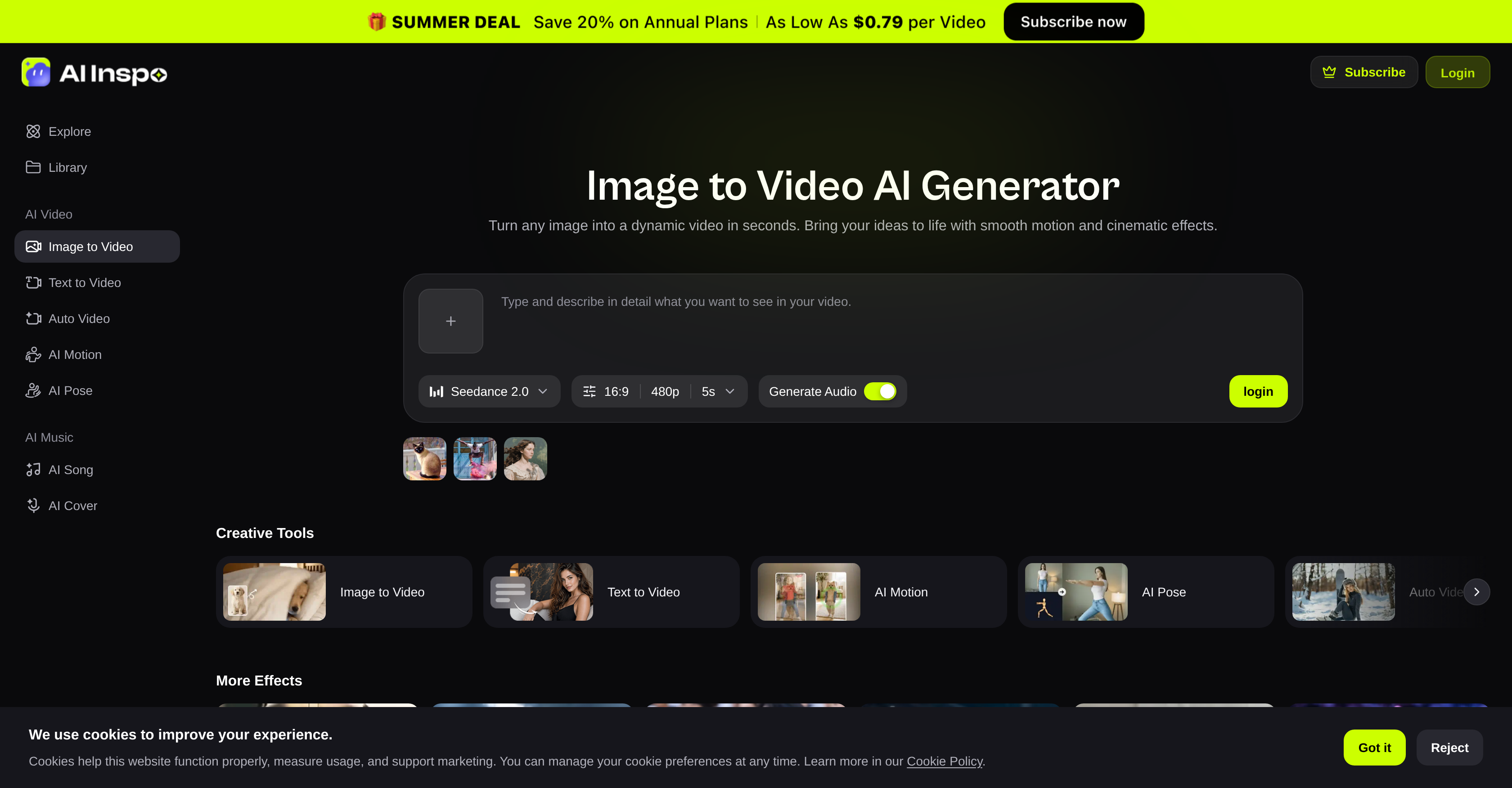 AI Inspo | Image to Video Generator - Screenshot showing the interface and features of this AI tool