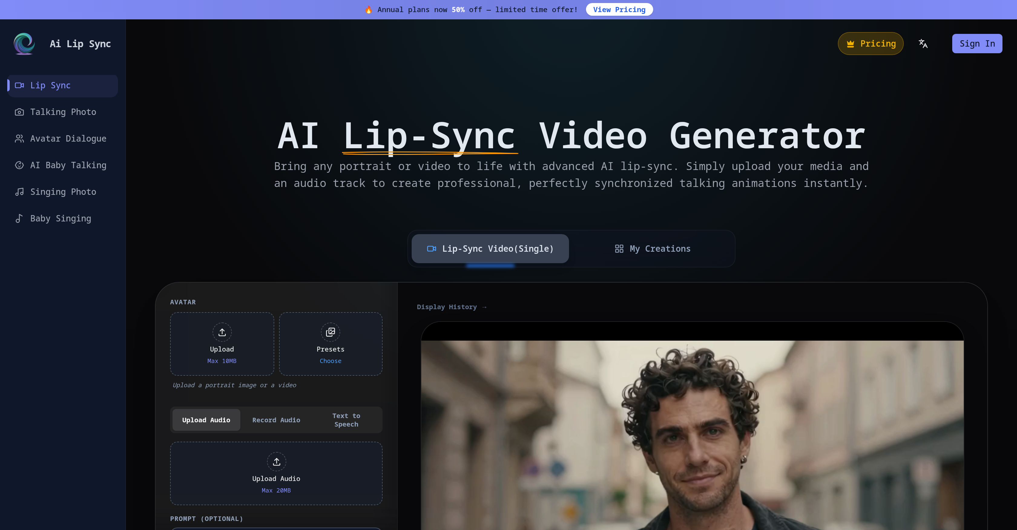 AI Lip Sync.com - Screenshot showing the interface and features of this AI tool