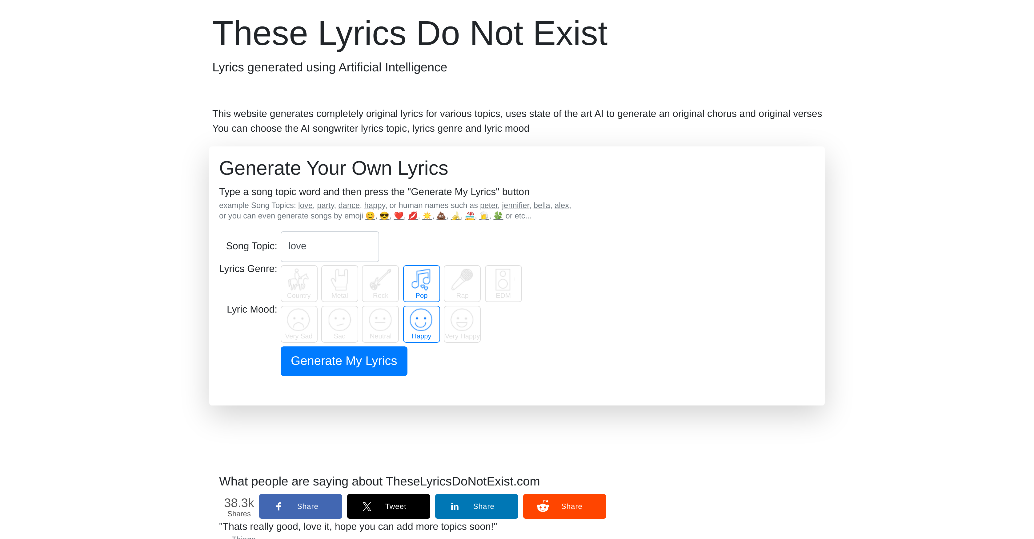 AI Lyrics Generator - Screenshot showing the interface and features of this AI tool