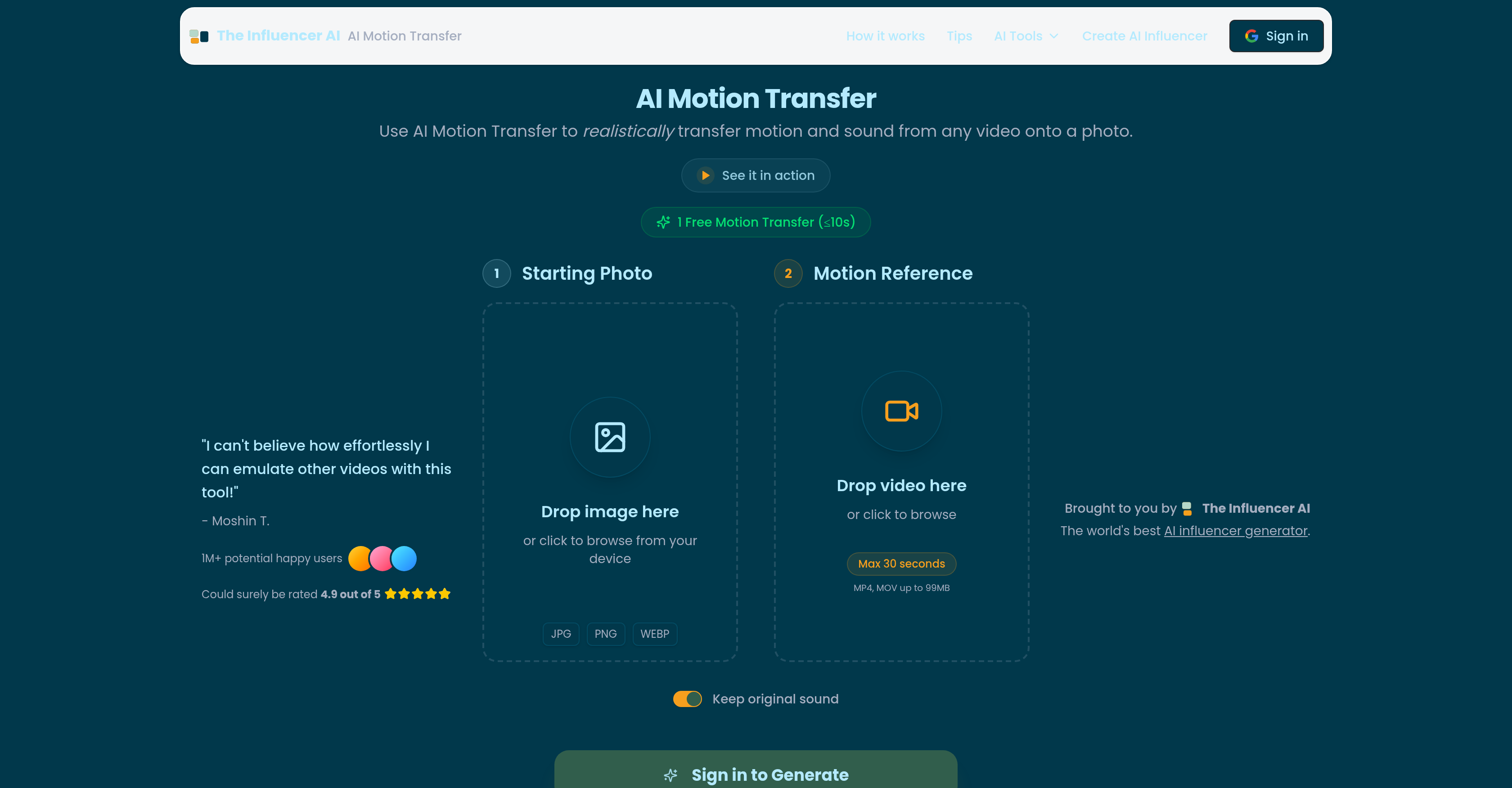 AI Motion Transfer by The Influencer AI - Screenshot showing the interface and features of this AI tool