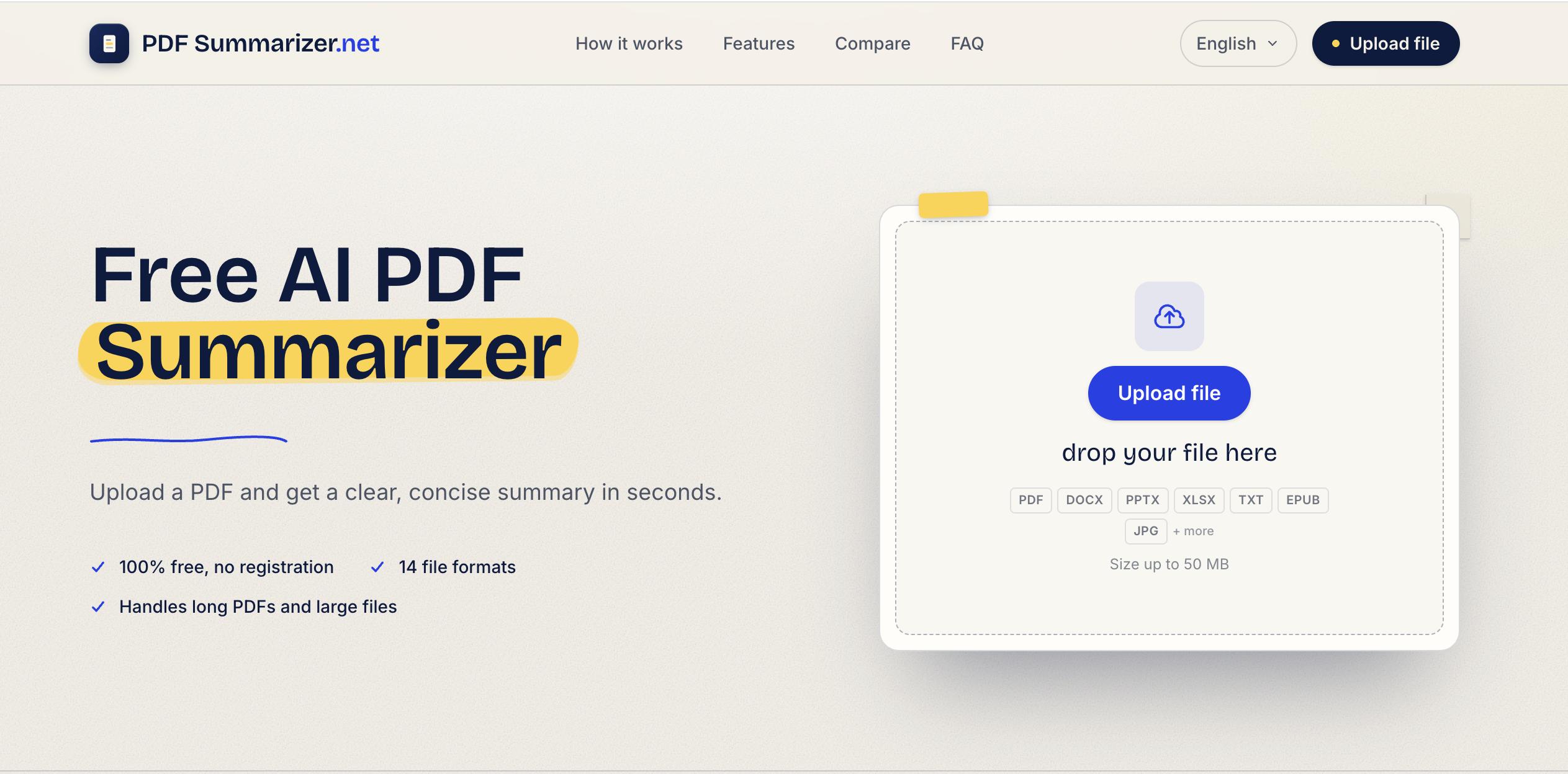PDFSummarizer.netv1.1Version updatev1.1Jul 18, 2026We've shipped a major update that turns our PDF summarizer into a full document summarizer.Now more than just PDFs — 14 formats supported You can now summarize far more than PDFs. In addition to PDF, the tool now handles:Documents & spreadsheets: Word (DOCX), Excel (XLS, XLSX), PowerPoint (PPTX), TXT, Markdown (MD), HTMLImages: JPG, JPEG, PNG, GIF, WEBPE-books: EPUB, FB2, MOBIUpload almost any file and get the same clear, structured summary with key points in seconds.New languagesAdded full localizations for Thai, Korean, and Indonesian, so more users can summarize and read results in their own language.Bigger filesIncreased the maximum file size from 10 MB to 50 MB — summarize longer reports, books, and spreadsheets without splitting them.As always: 100% free, no registration, and no usage limits. - Screenshot showing the interface and features of this AI tool