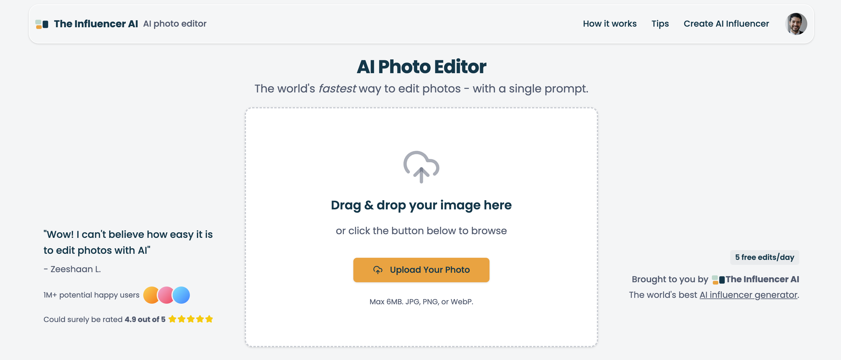AI Photo Editor by The Influencer AI - Screenshot showing the interface and features of this AI tool