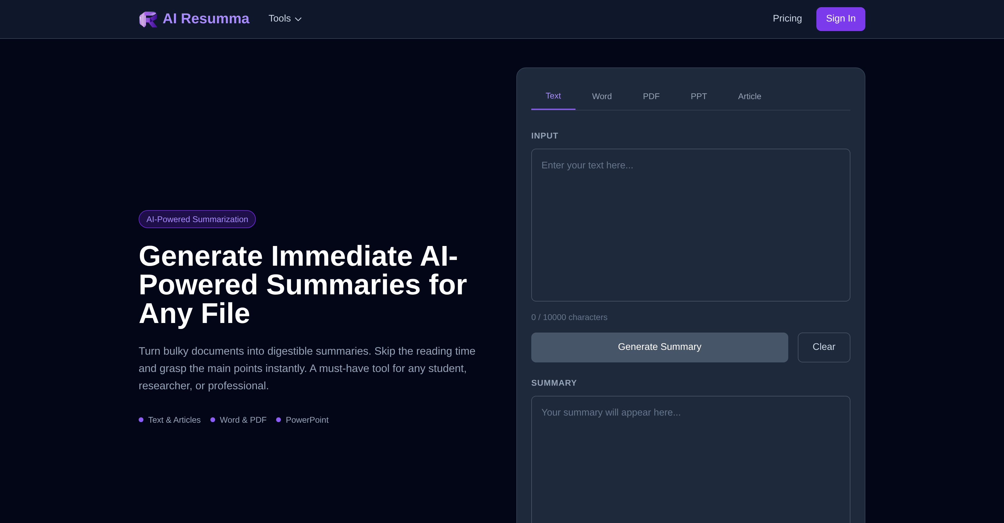 AI Resumma - Screenshot showing the interface and features of this AI tool