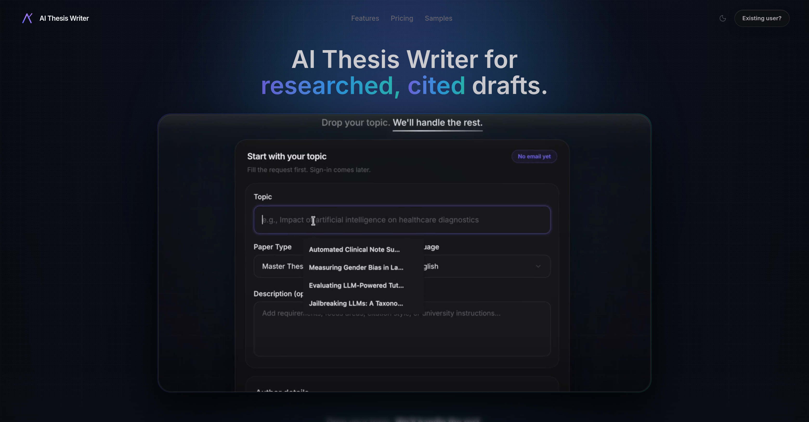 AI Thesis Writer - Screenshot showing the interface and features of this AI tool