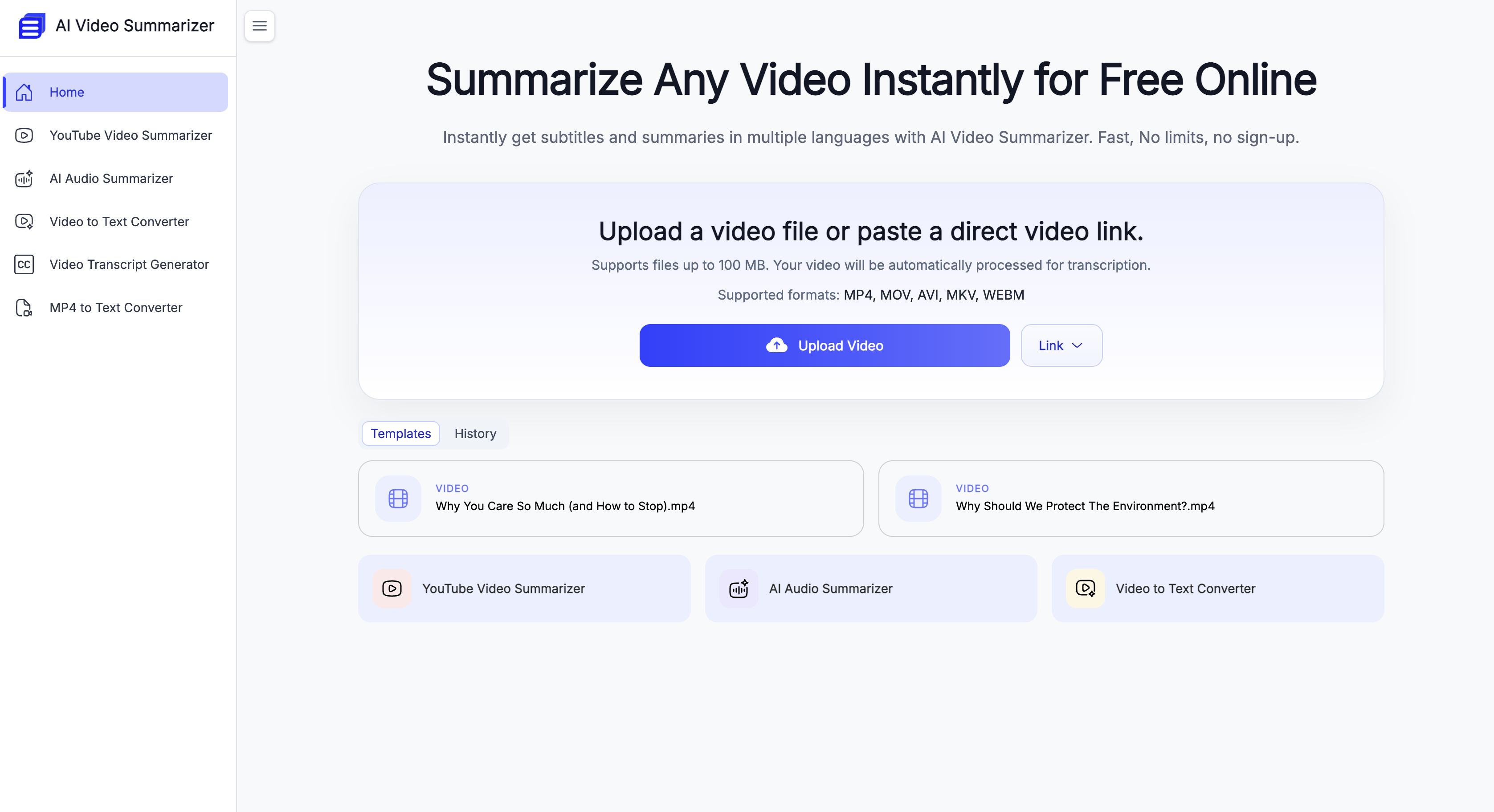 AI Video Summarizer.io - Screenshot showing the interface and features of this AI tool