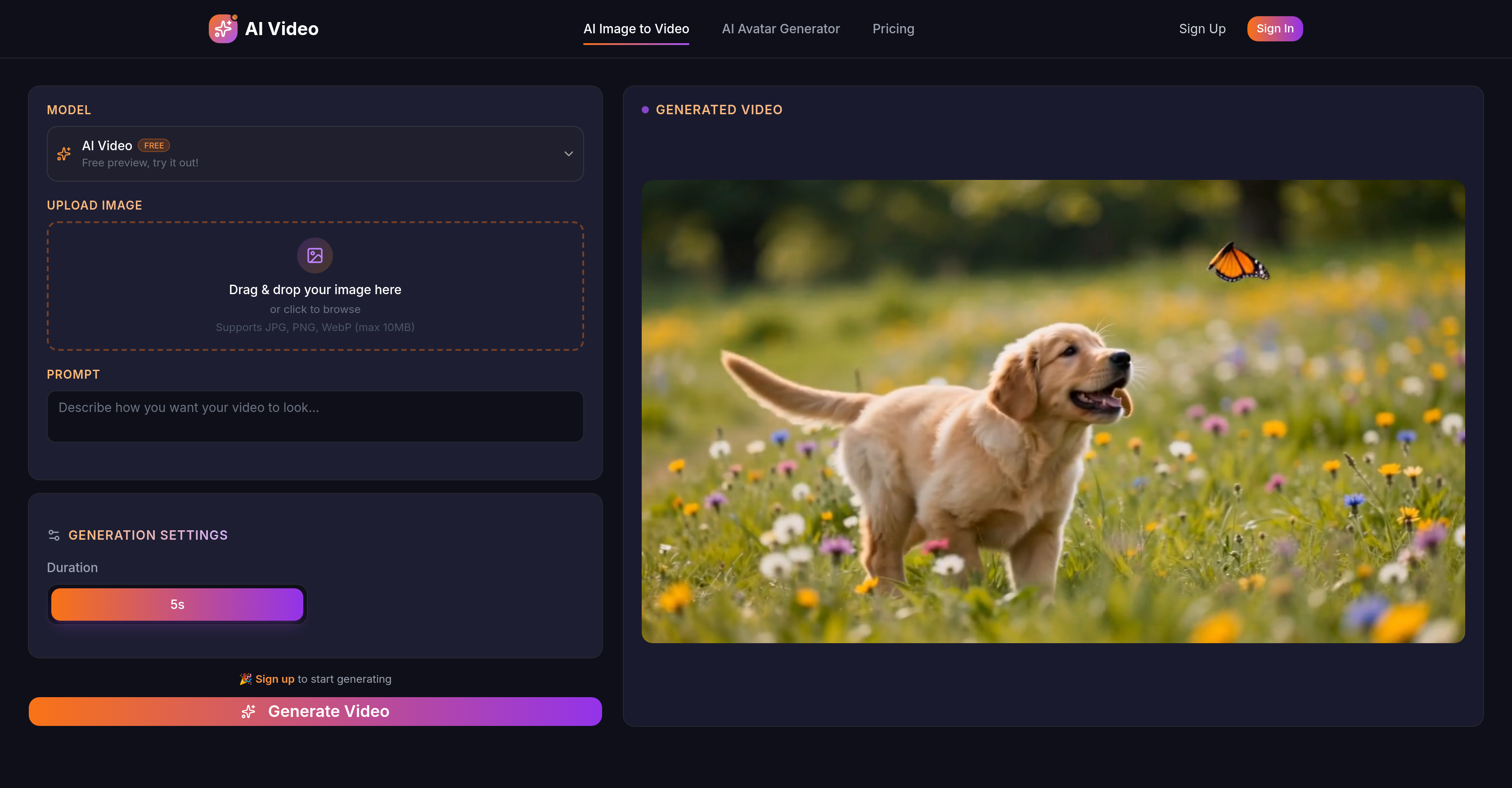 AIImageToVideo.video - Screenshot showing the interface and features of this AI tool