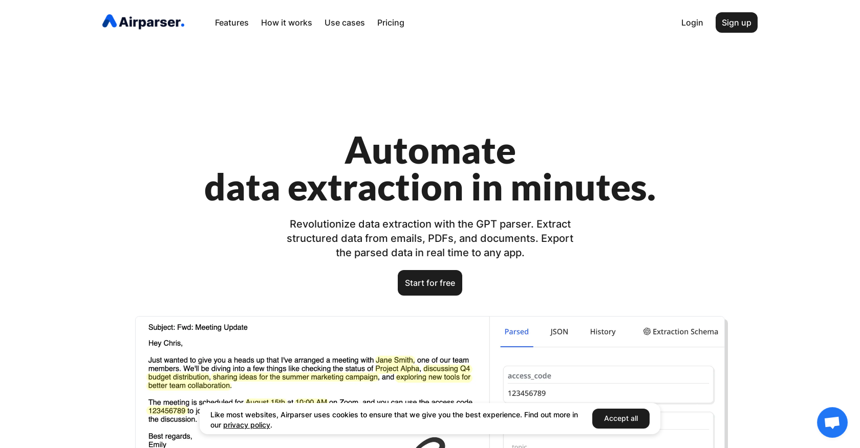 Airparser - Screenshot showing the interface and features of this AI tool