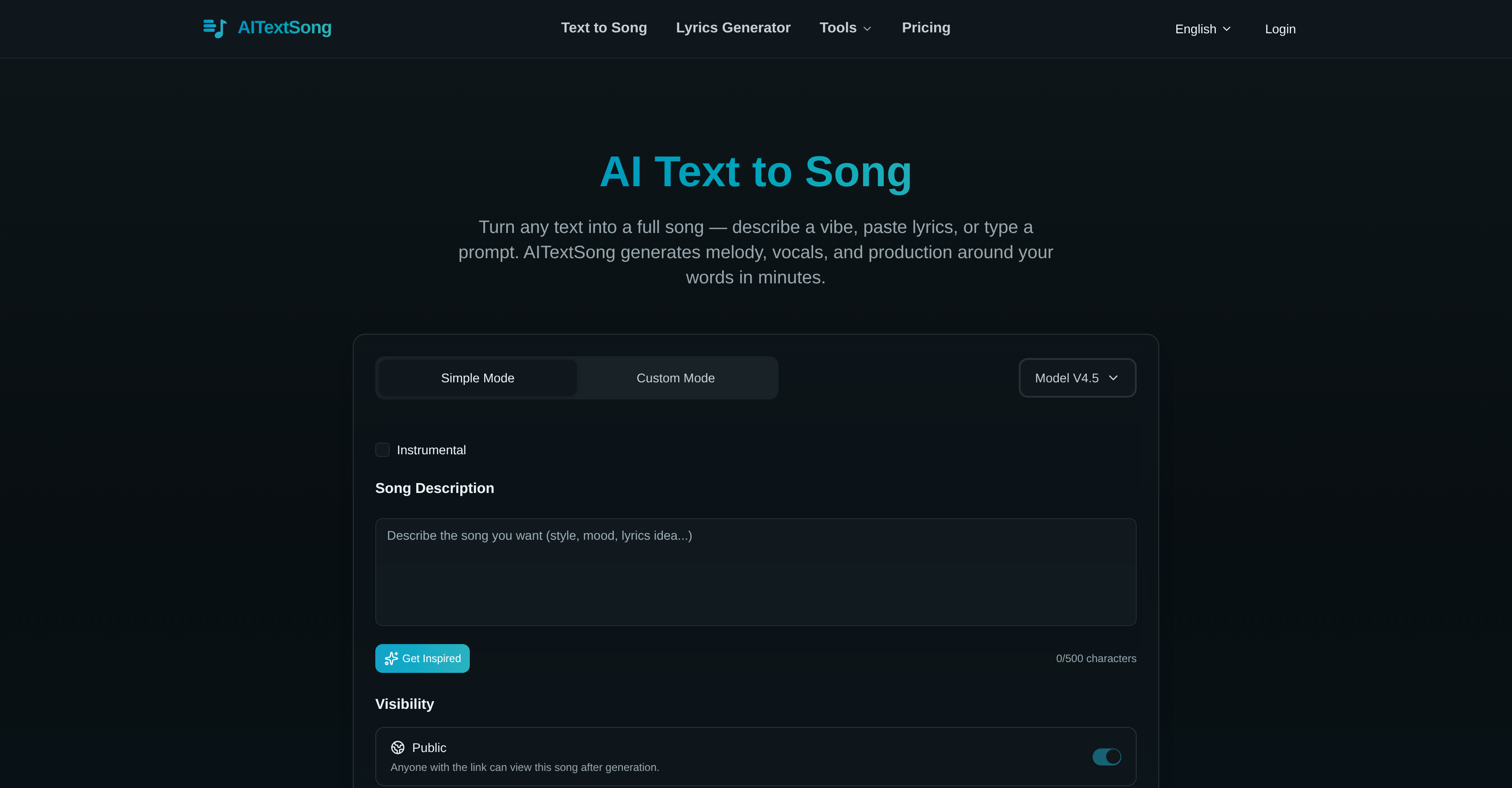 AITextSong.com - Screenshot showing the interface and features of this AI tool