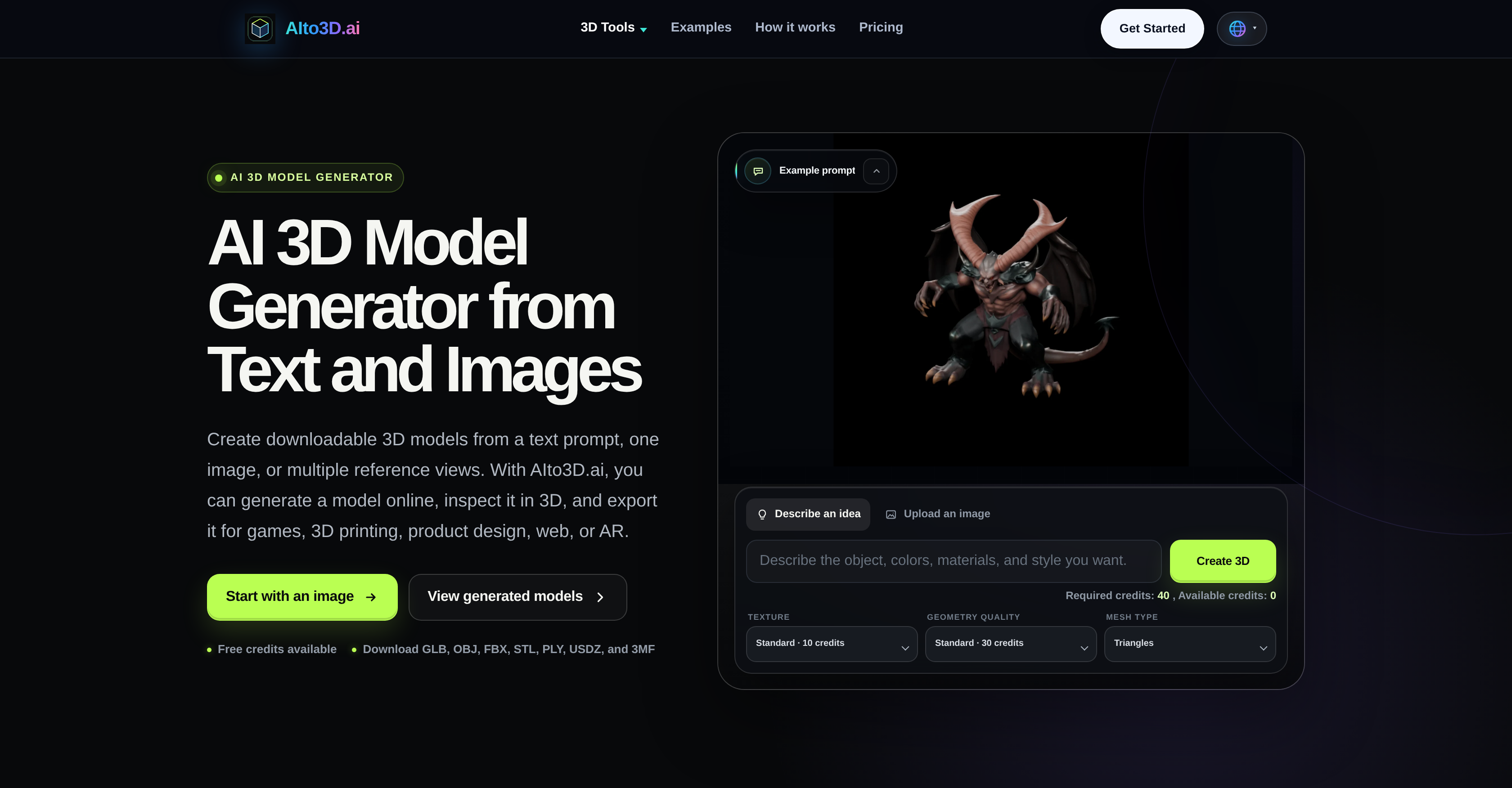 AIto3D.ai - Screenshot showing the interface and features of this AI tool