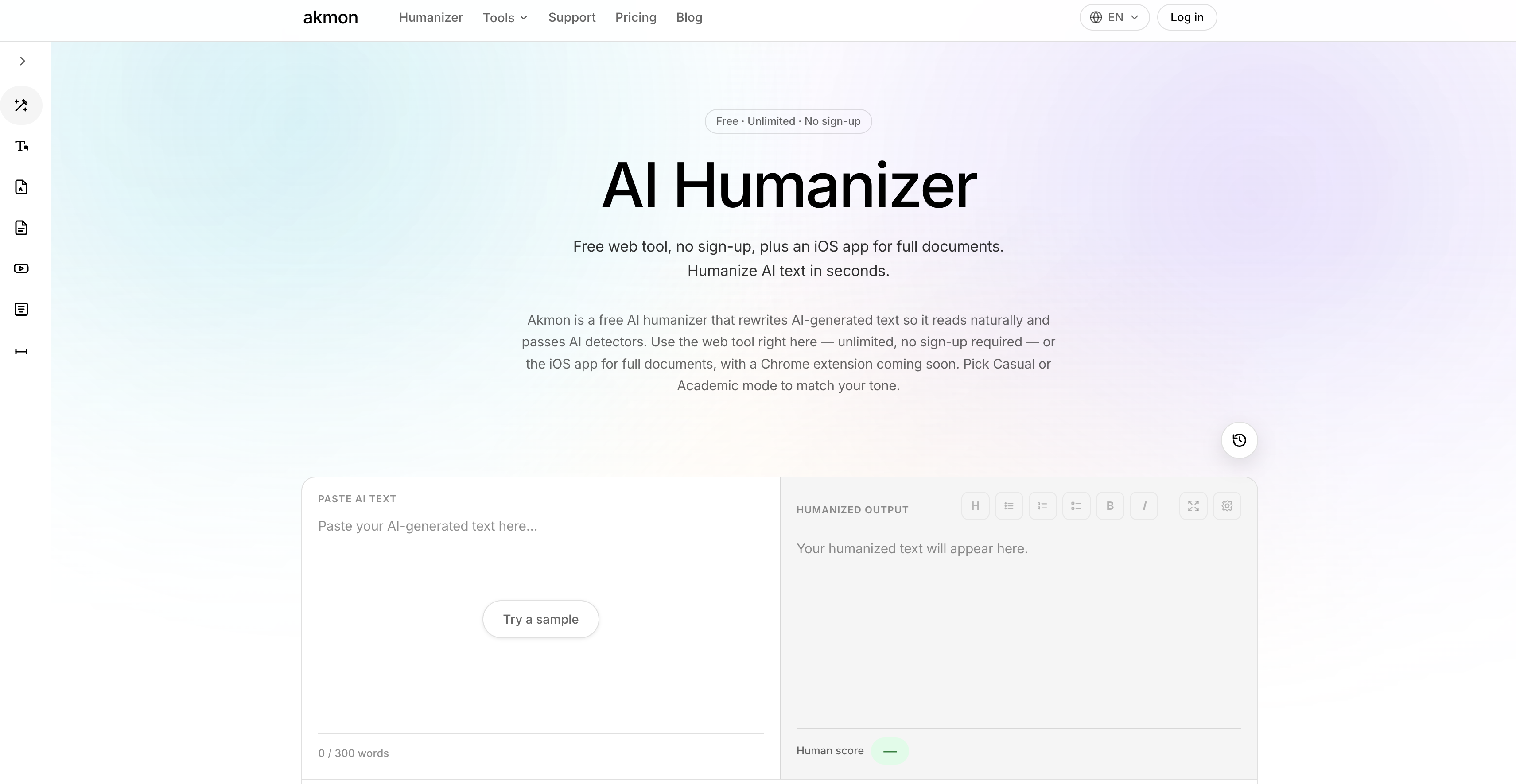 Akmon - Screenshot showing the interface and features of this AI tool