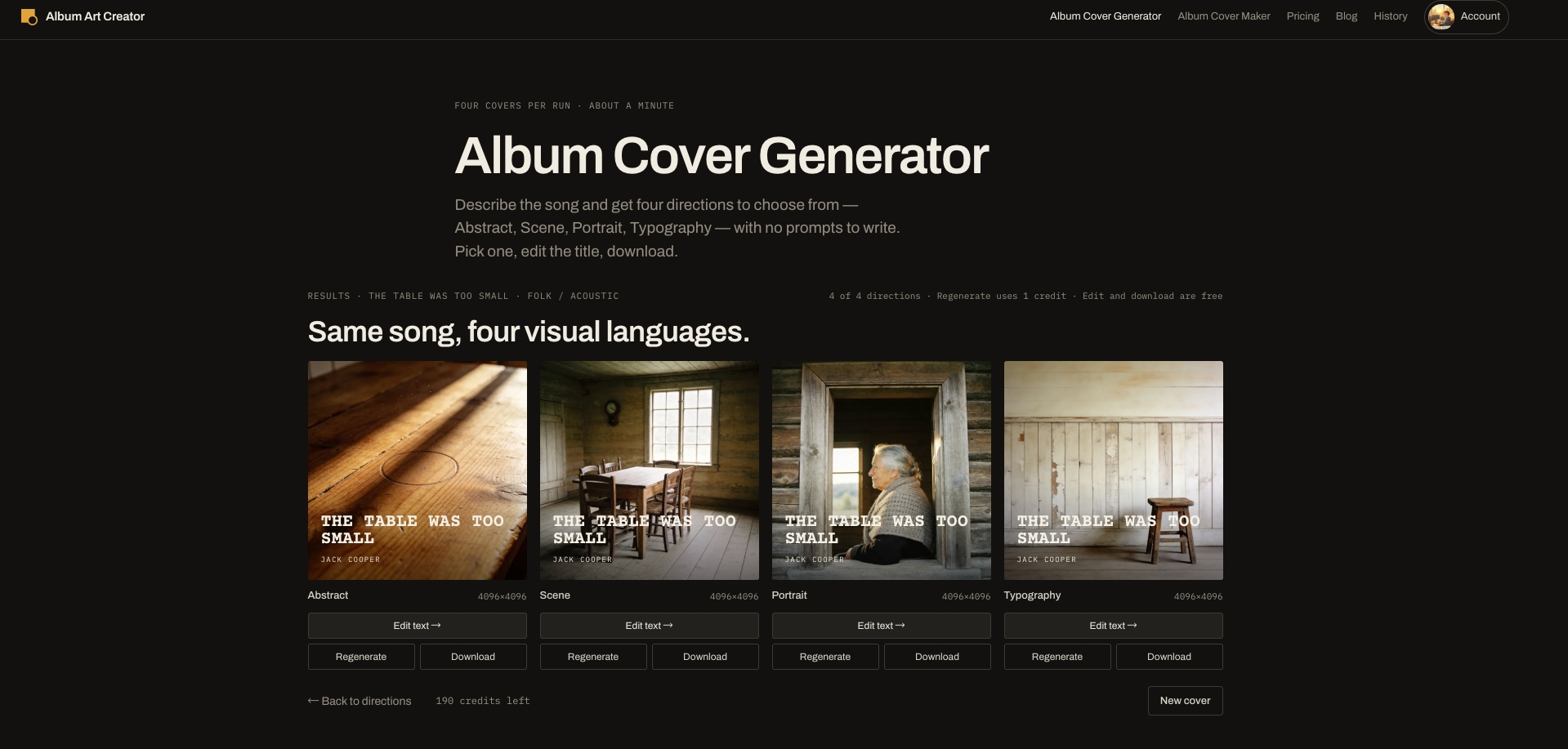 Album Art Creator - Screenshot showing the interface and features of this AI tool
