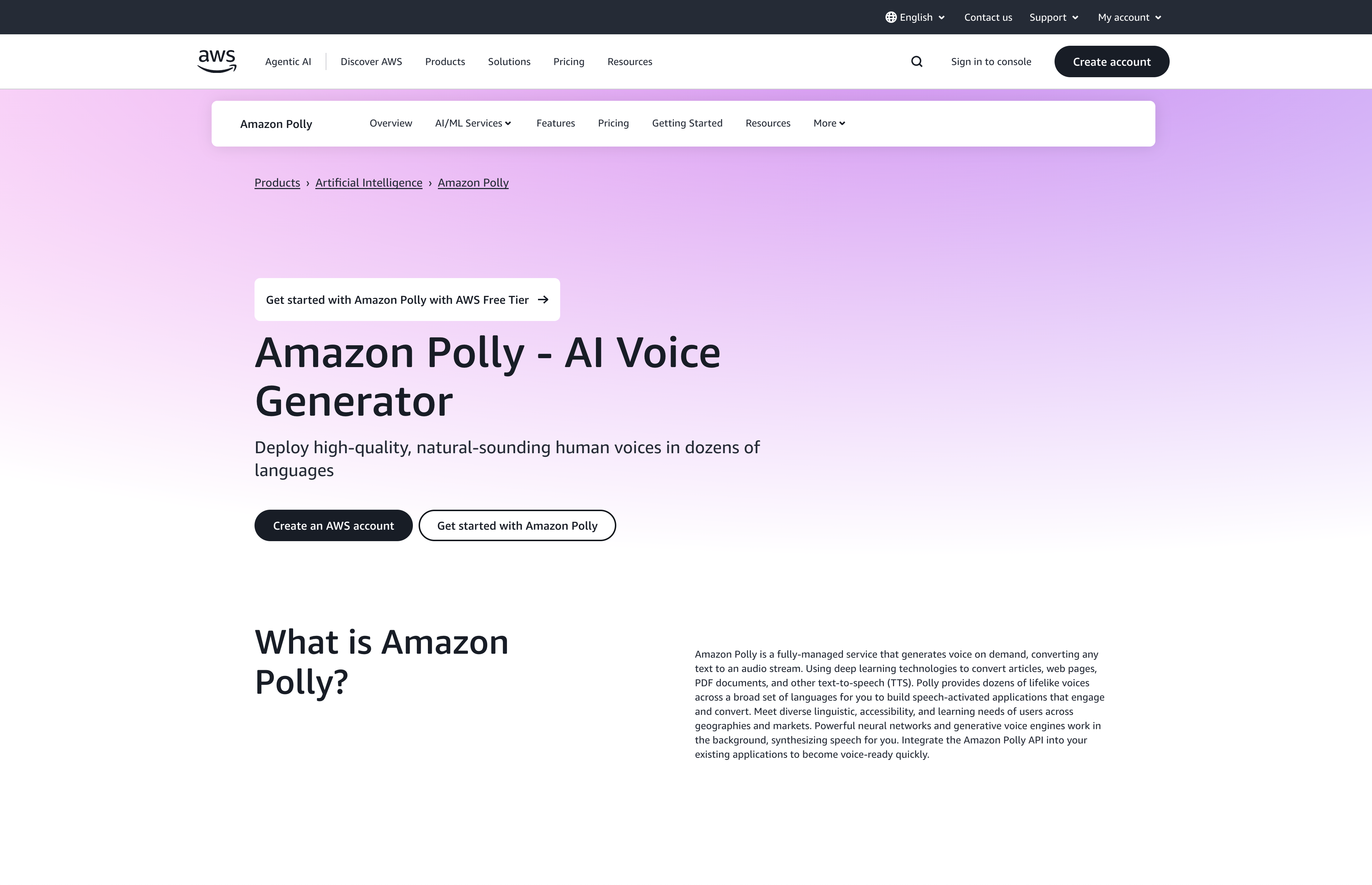 Amazon Polly - Screenshot showing the interface and features of this AI tool