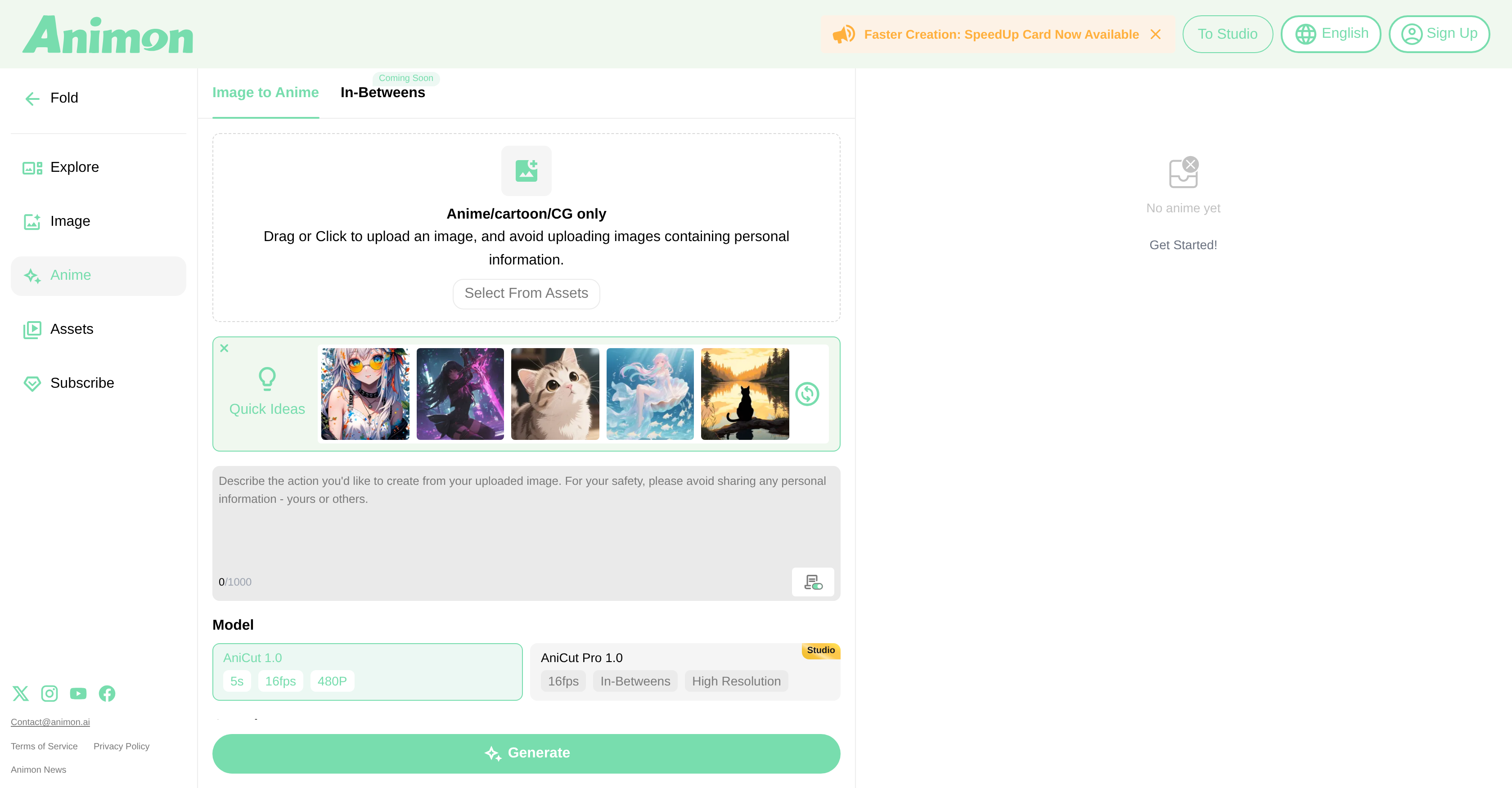 Animon | Anime generator - Screenshot showing the interface and features of this AI tool