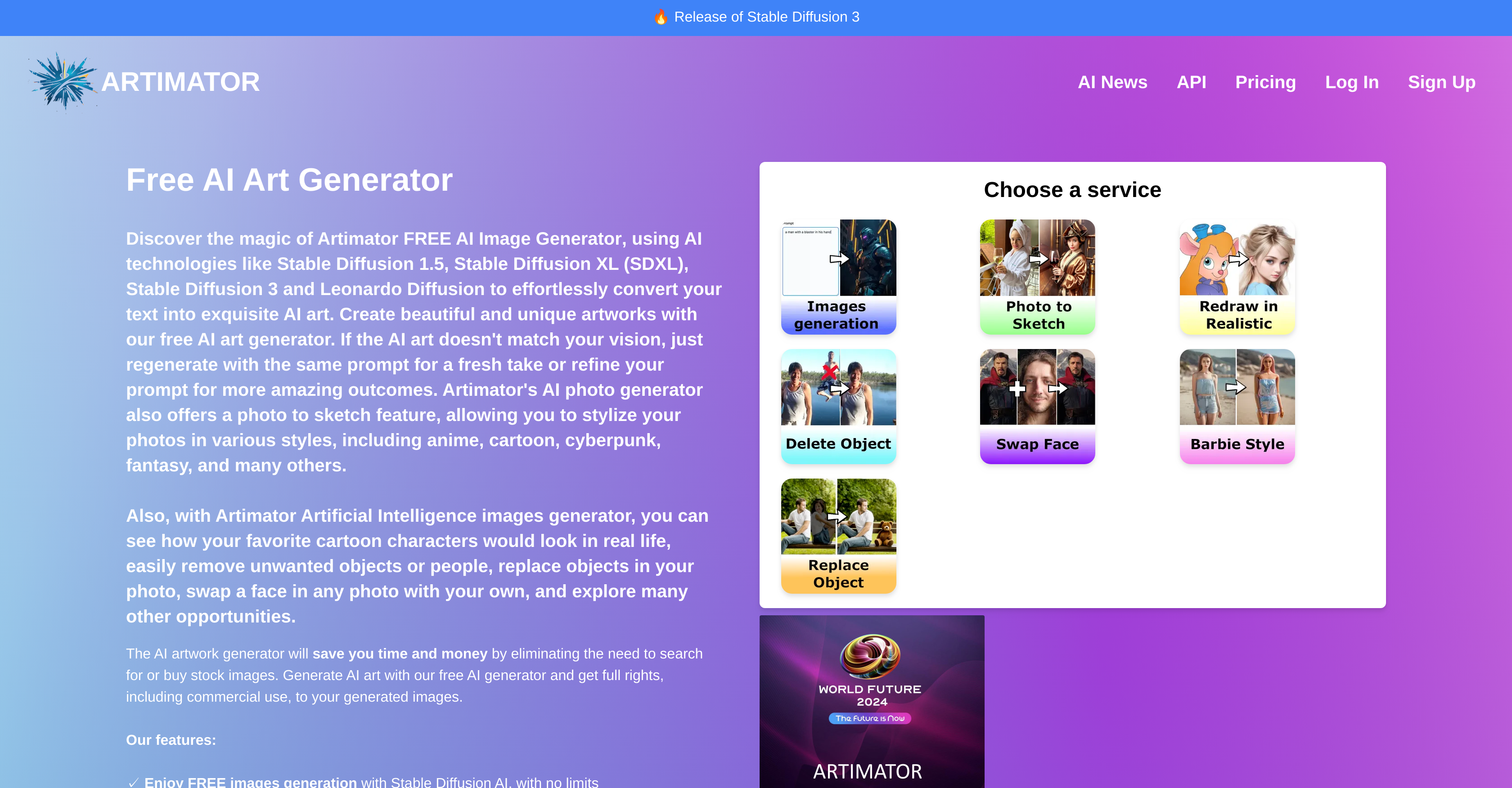 Artimator - Screenshot showing the interface and features of this AI tool