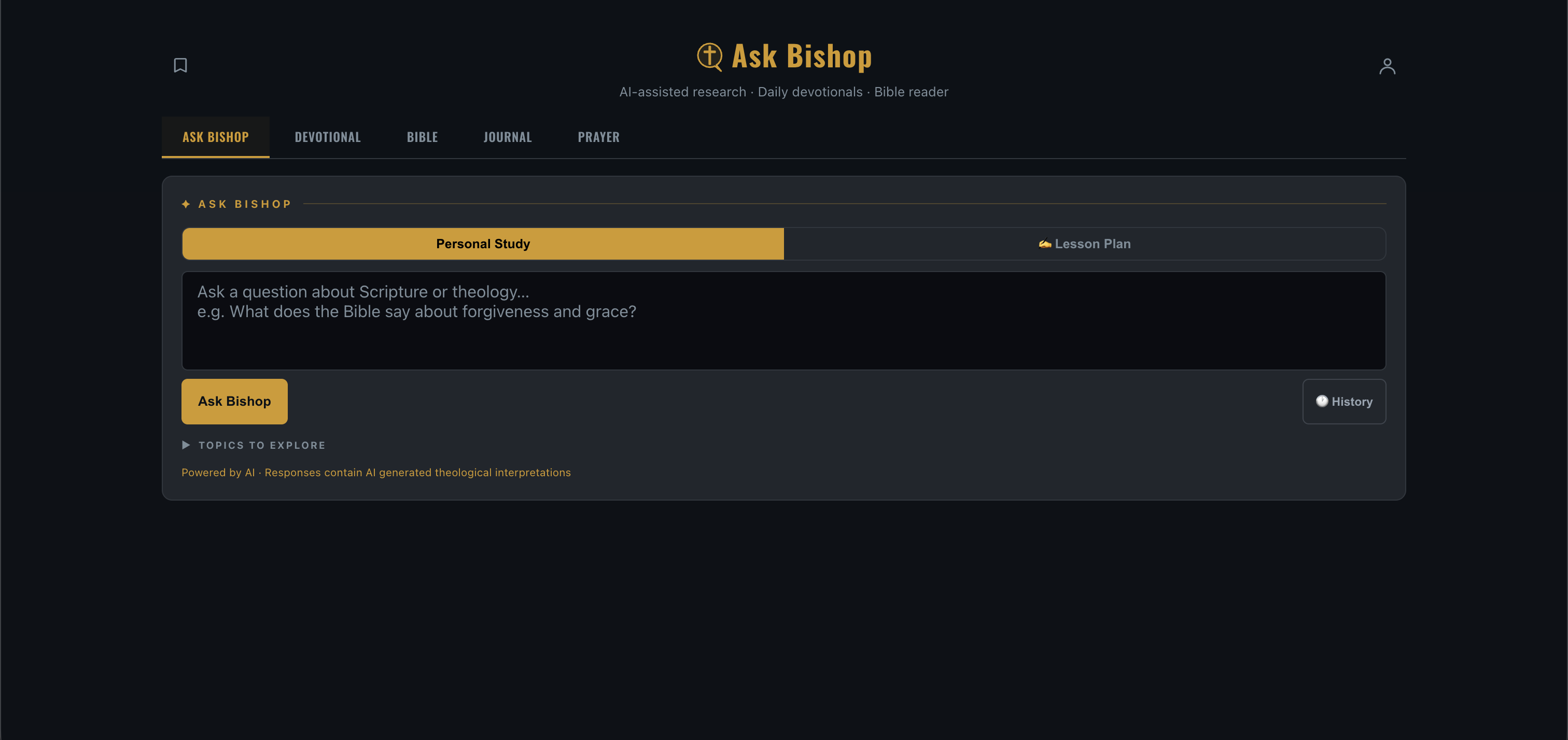 Ask Bishop - Screenshot showing the interface and features of this AI tool