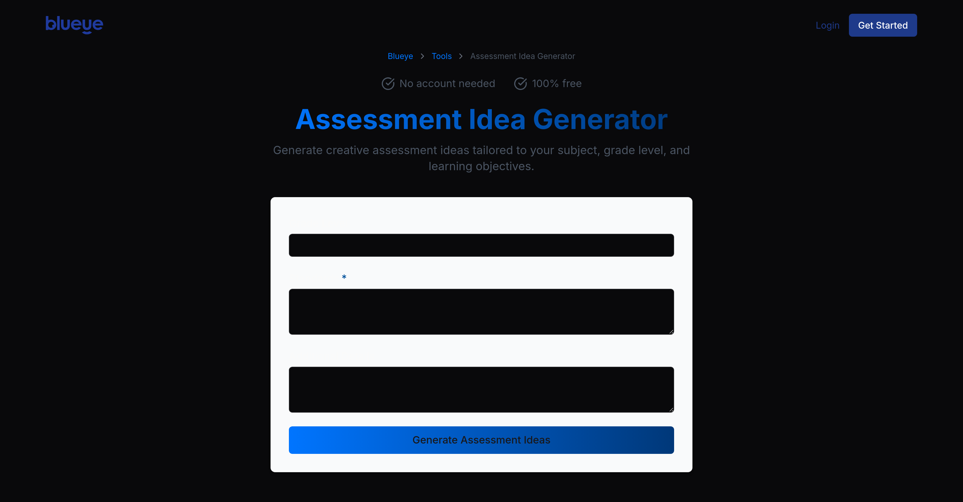 Assessment Idea Generator from Blueye - Screenshot showing the interface and features of this AI tool