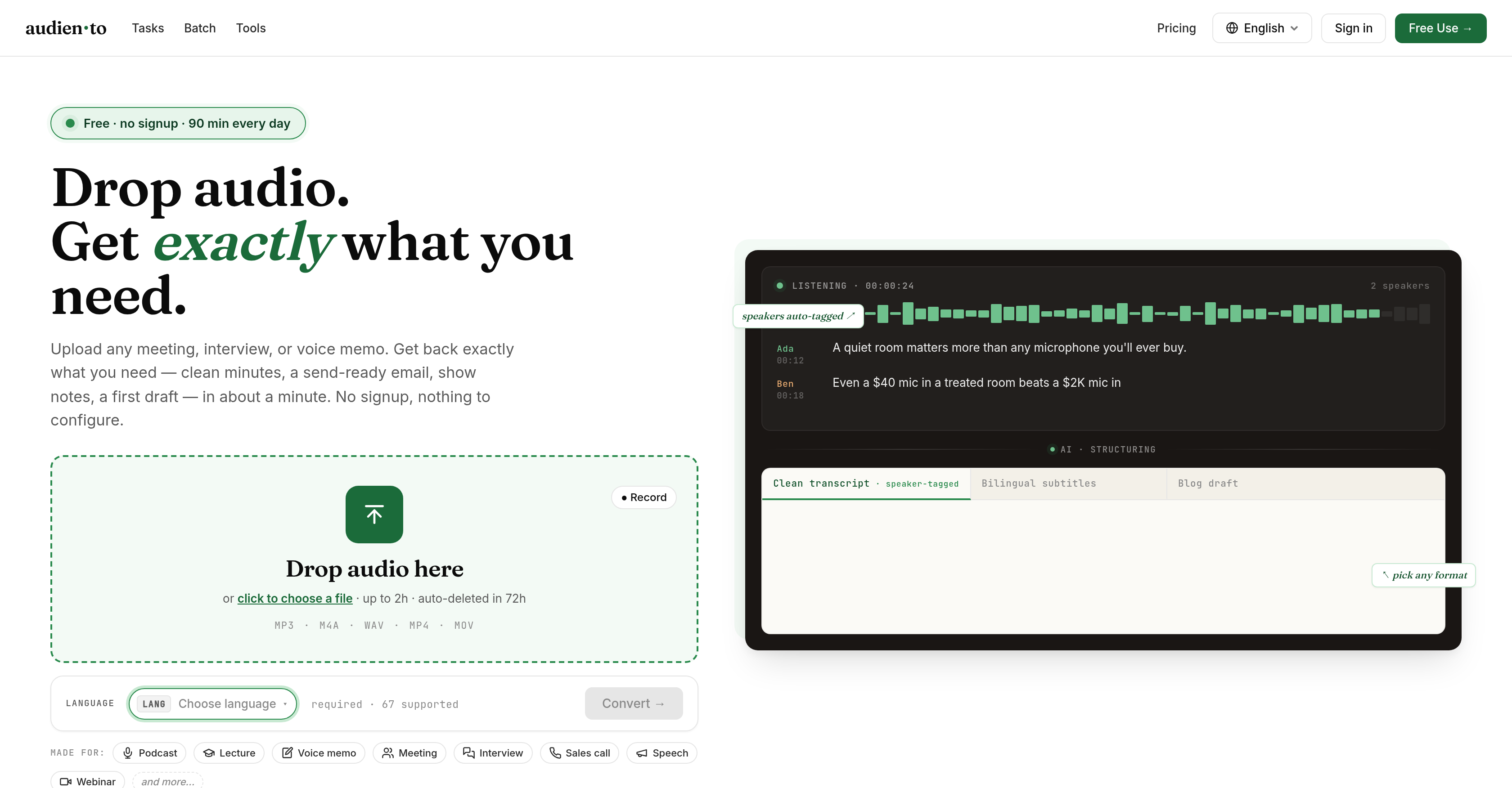 audien.to - Screenshot showing the interface and features of this AI tool