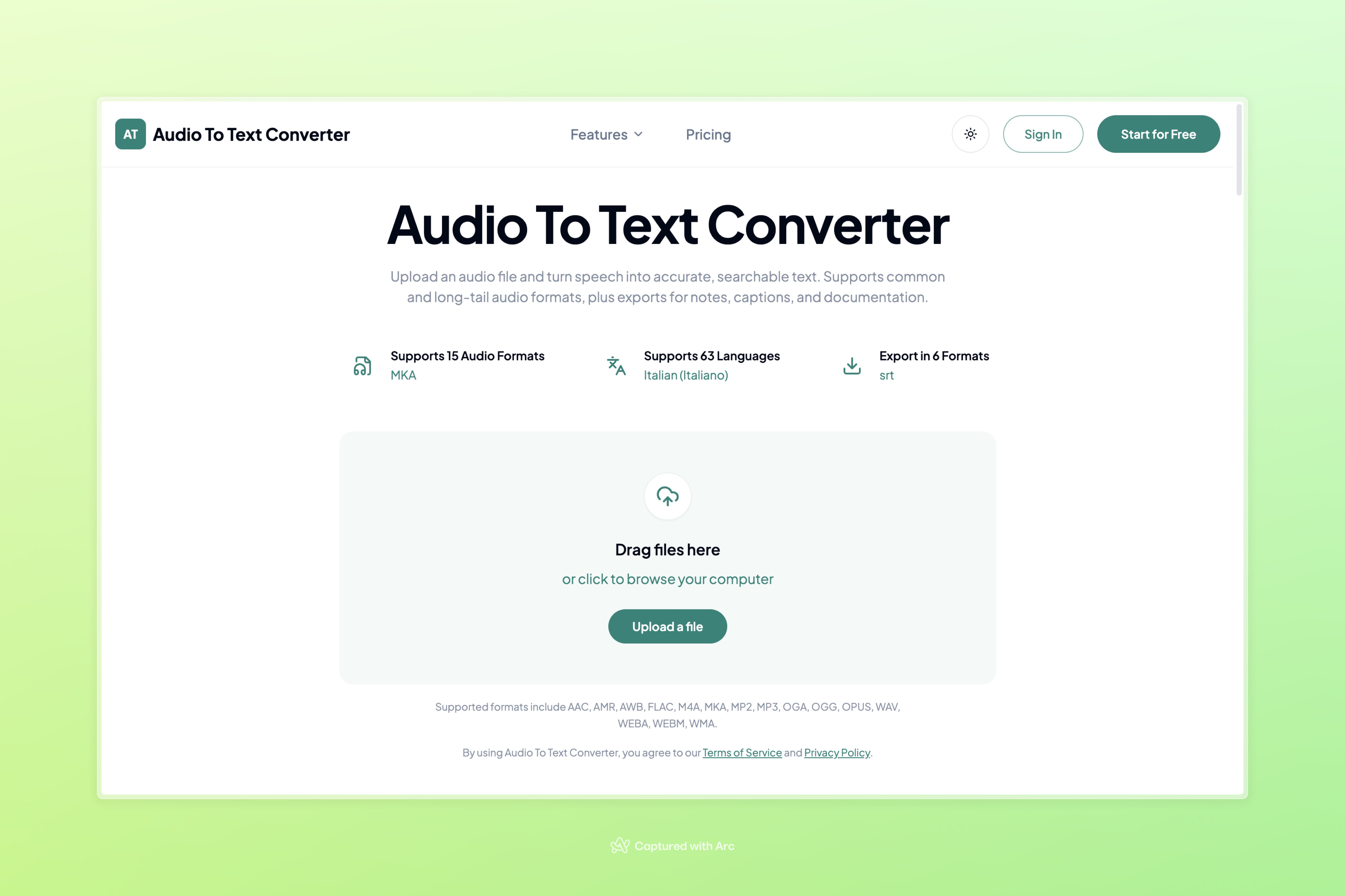 Audio To Text Converter - Screenshot showing the interface and features of this AI tool