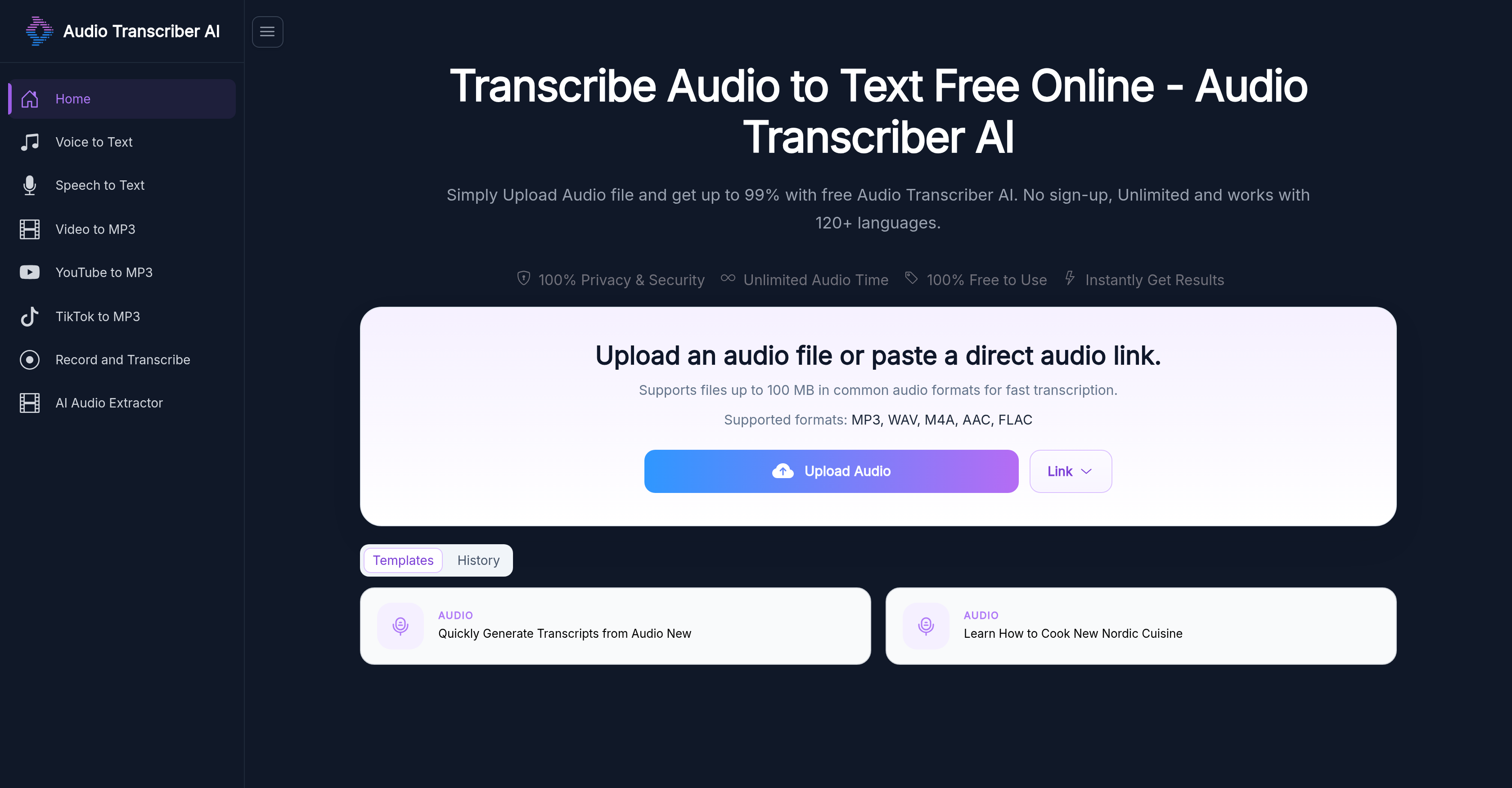 Audio Transcriber AI - Screenshot showing the interface and features of this AI tool