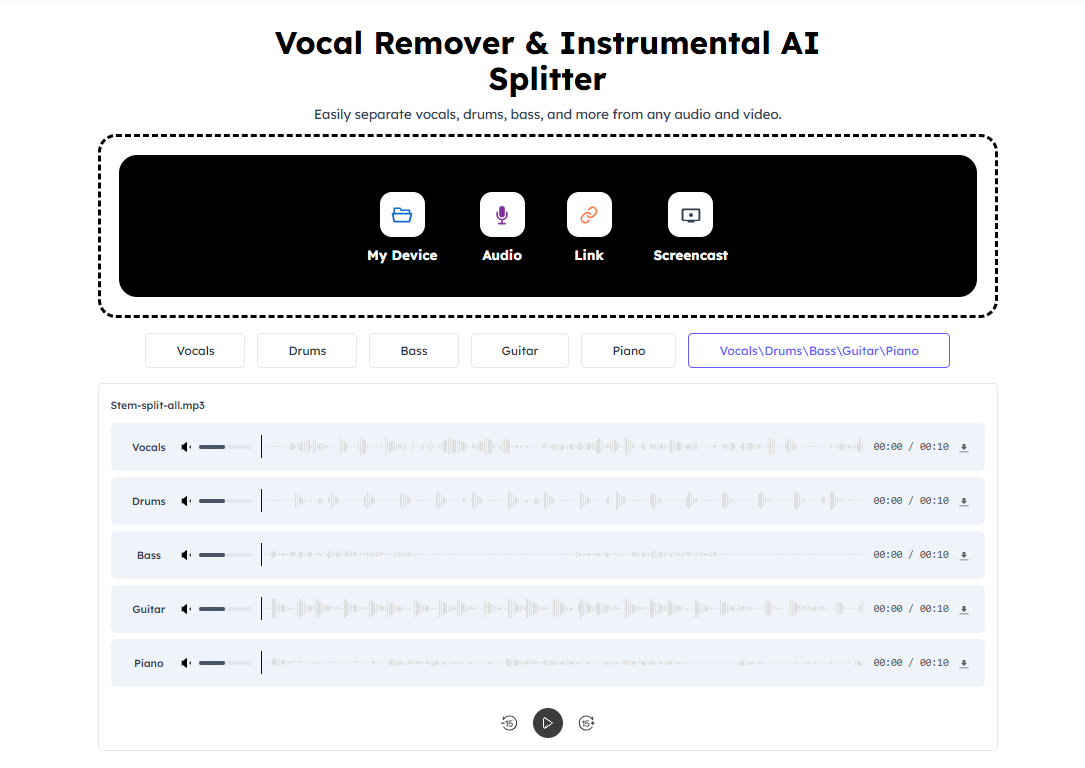 Audiocleaner | Vocal Remover Free - Screenshot showing the interface and features of this AI tool
