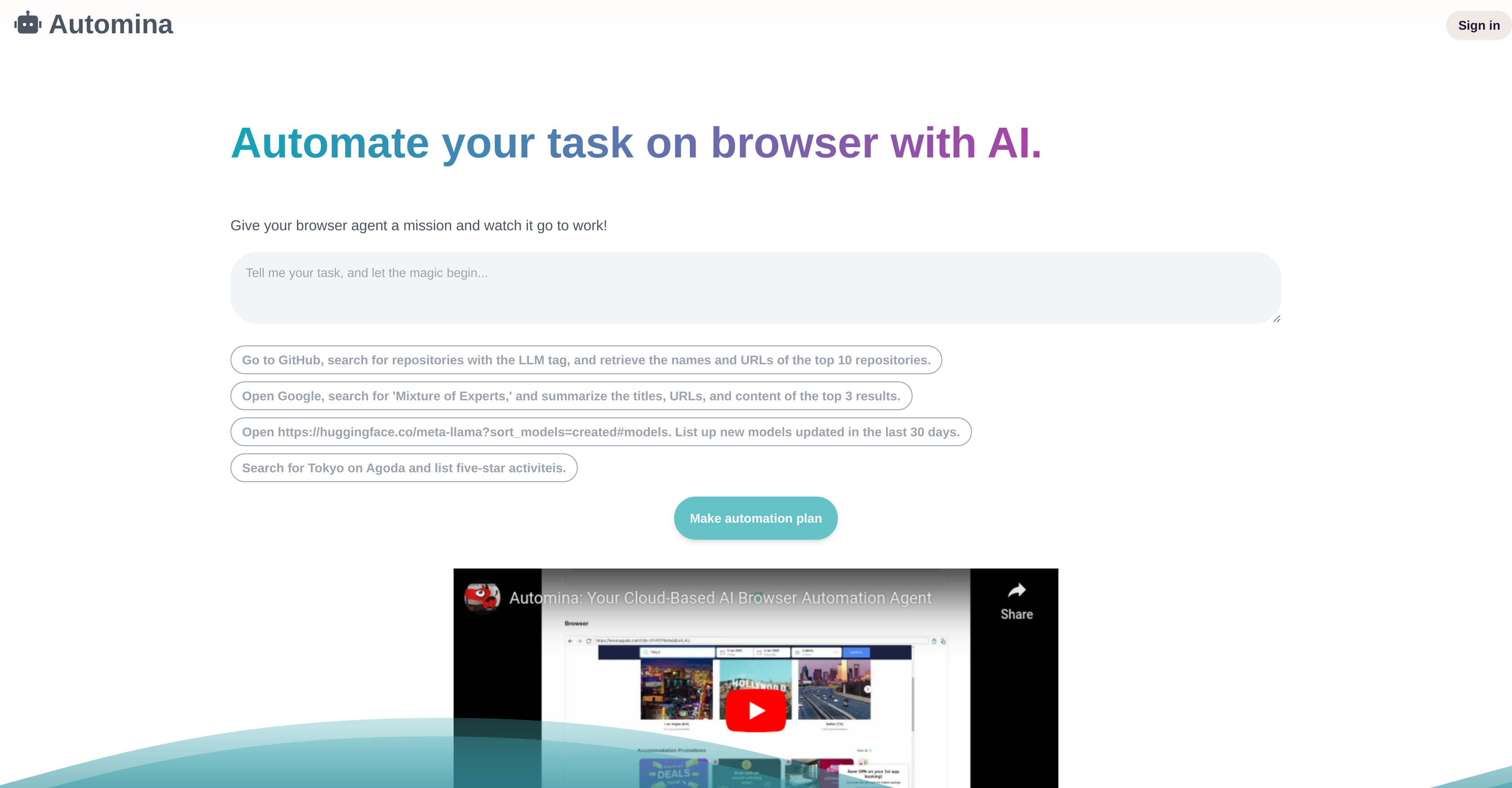 Automina - Screenshot showing the interface and features of this AI tool