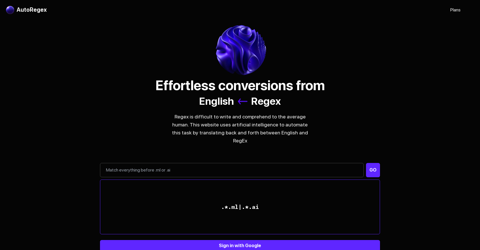 AutoRegex - Screenshot showing the interface and features of this AI tool