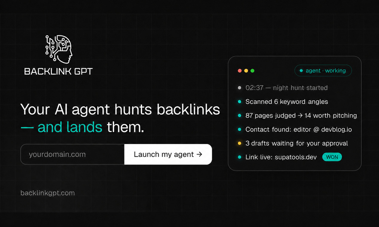 BacklinkGPTv2.0Version updatev2.0Jul 29, 2026
Rebuilt BacklinkGPT as an end-to-end agent that runs link building from opportunity discovery to live backlink.
Added continuous prospect sourcing, page qualification, and decision-maker contact discovery.
Added personalized email and LinkedIn outreach sequences with draft review and approval.
Added reply handling, follow-ups, won-link tracking, and Google Search Console performance insights.
Improved the agent with outcome-based learning from approvals, rejections, replies, and links won. - Screenshot showing the interface and features of this AI tool