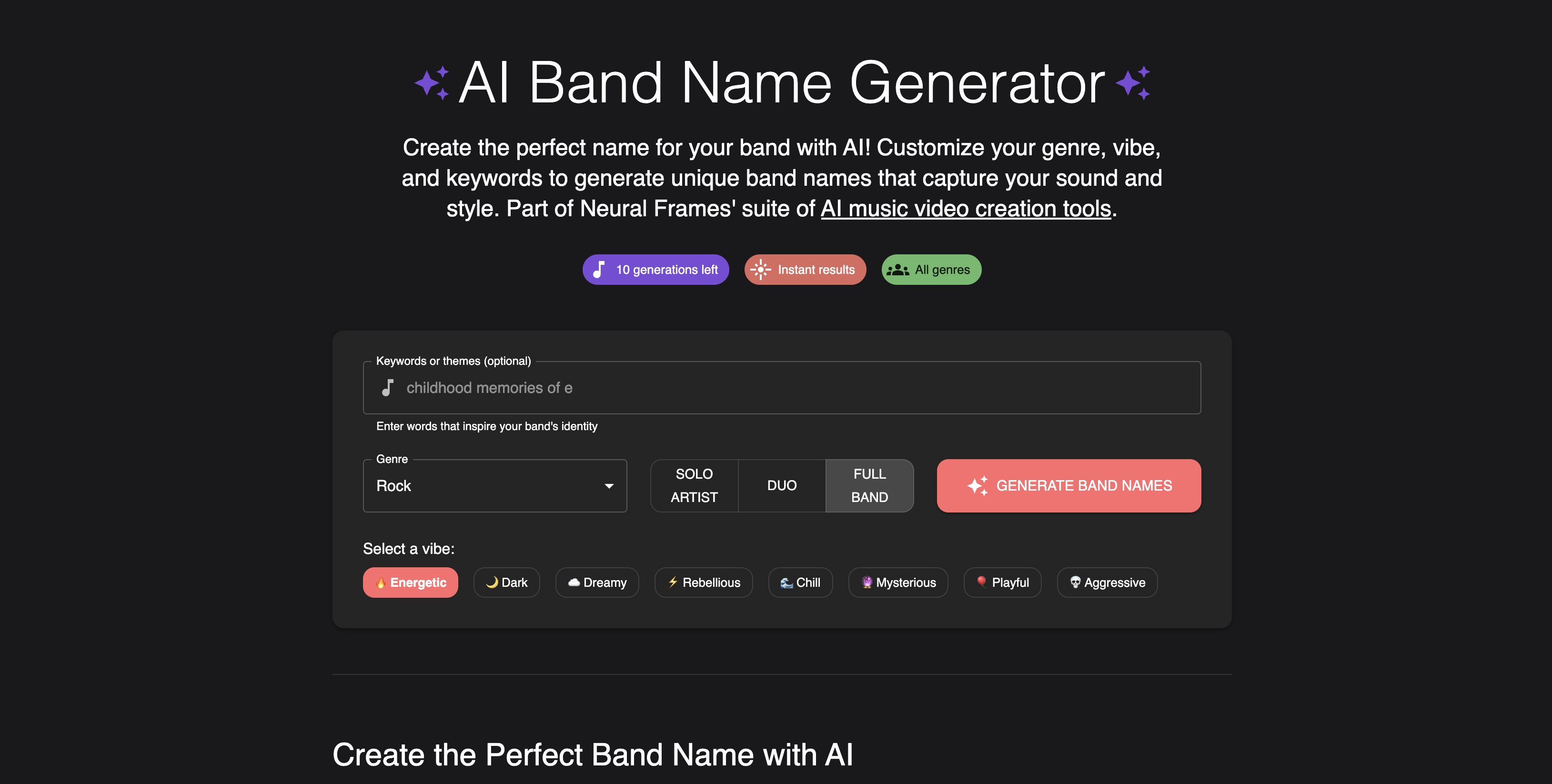 Band Name Generator - Screenshot showing the interface and features of this AI tool