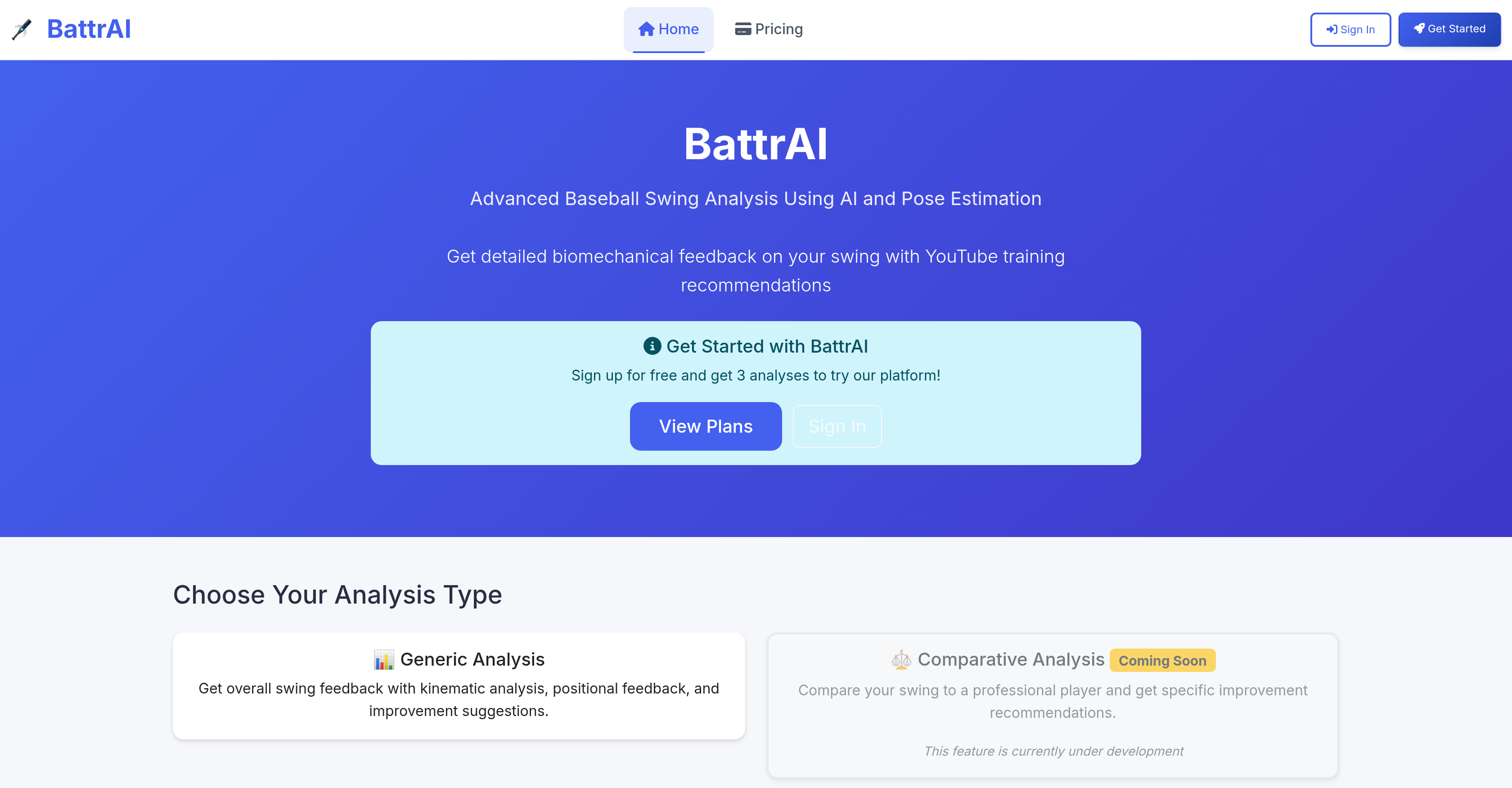 BattrAI - Swing Analysis - Screenshot showing the interface and features of this AI tool