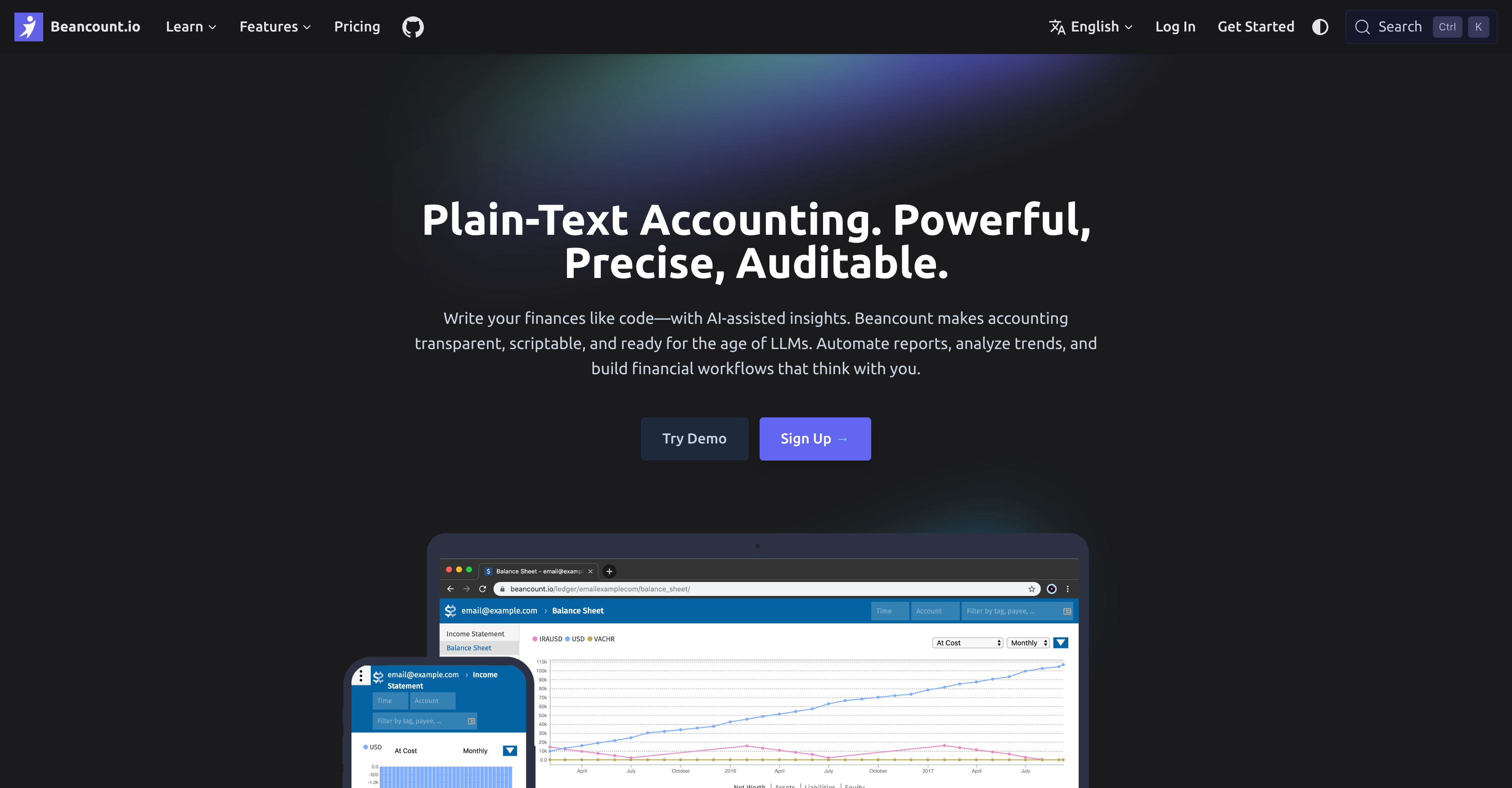 Beancount.io - Screenshot showing the interface and features of this AI tool