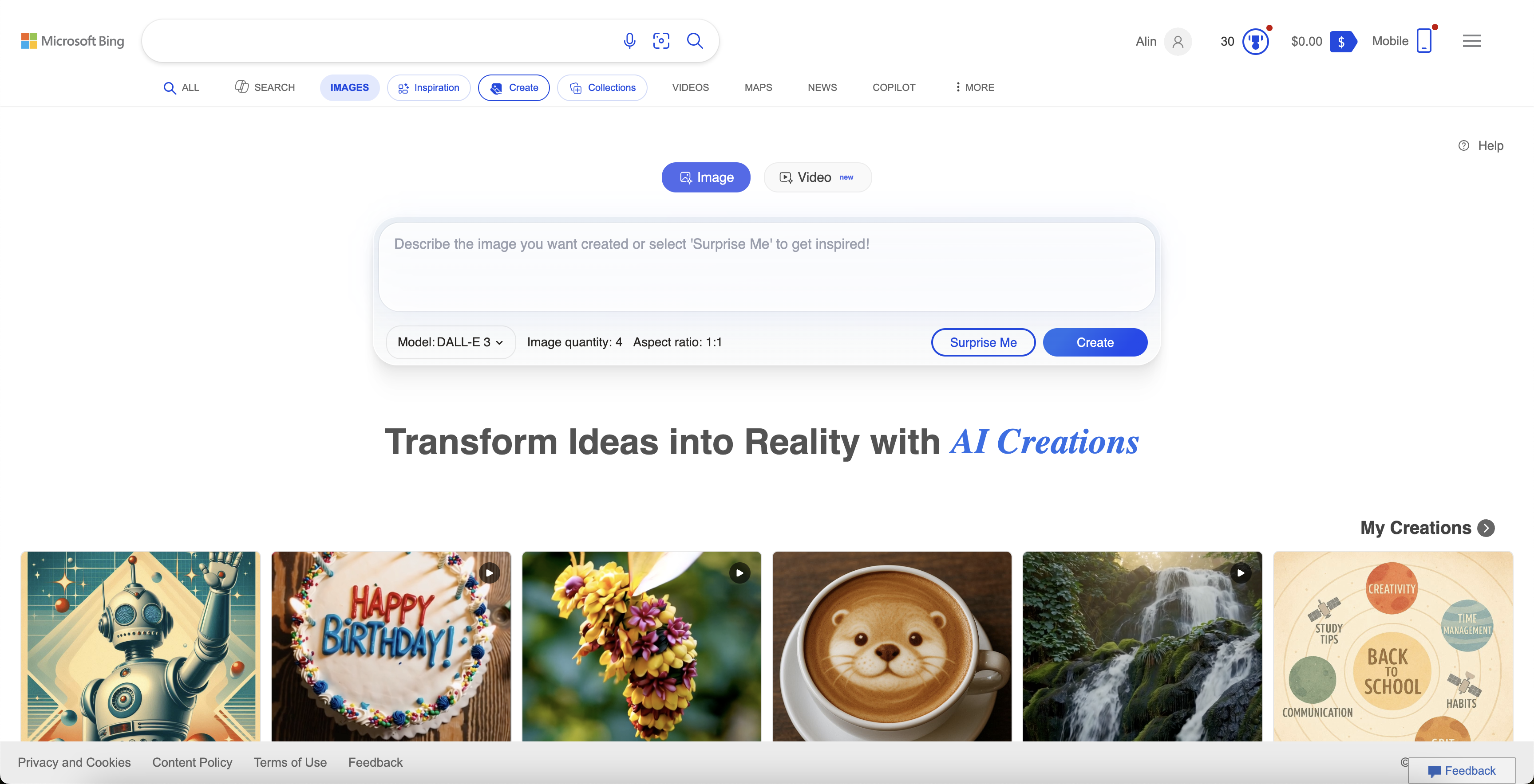 Bing Create - Screenshot showing the interface and features of this AI tool
