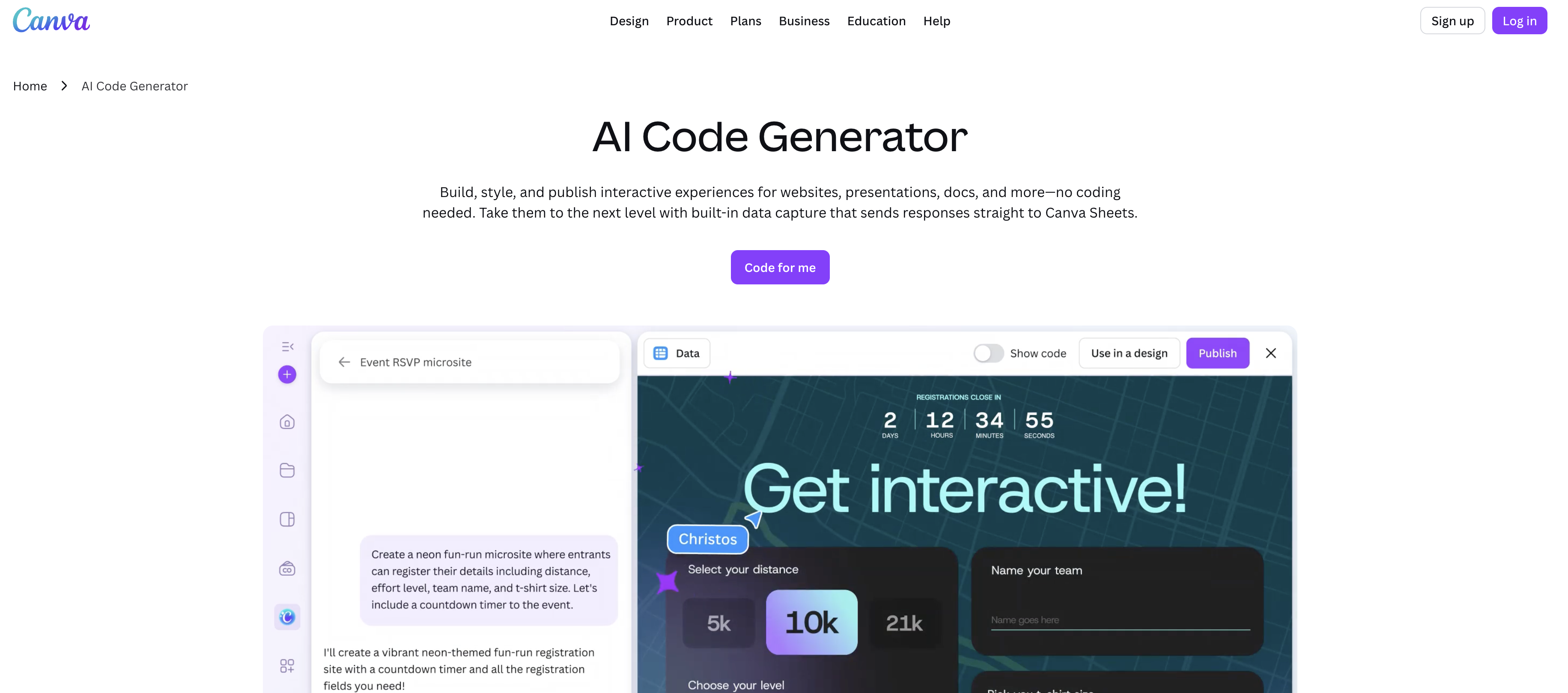 Canva AI Code Generator - Screenshot showing the interface and features of this AI tool