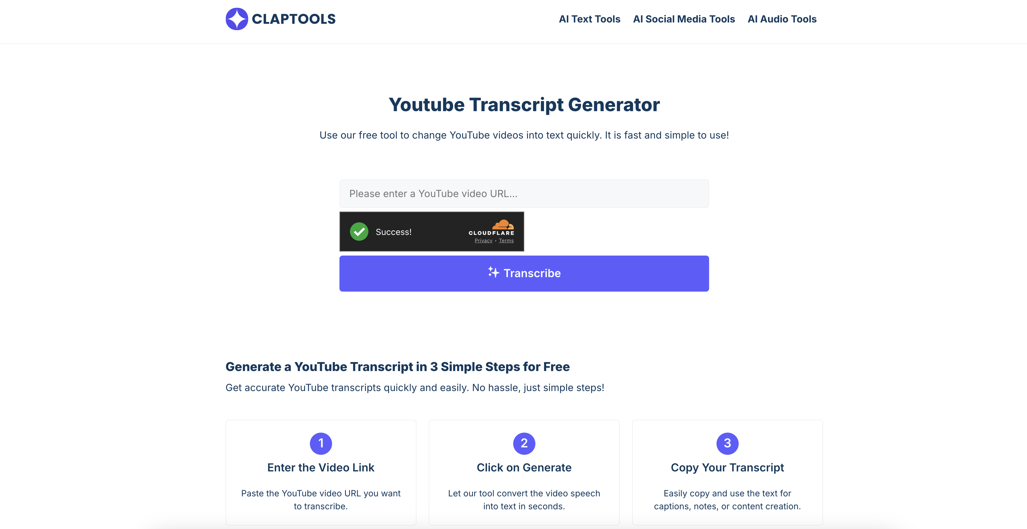 Claptools Free Youtube Transcriptor - Screenshot showing the interface and features of this AI tool