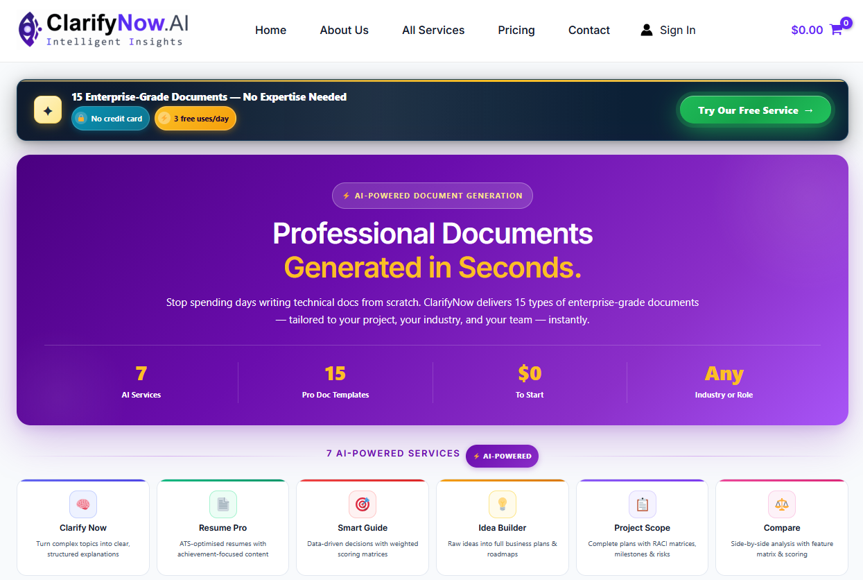 ClarifyNow.AI - Screenshot showing the interface and features of this AI tool