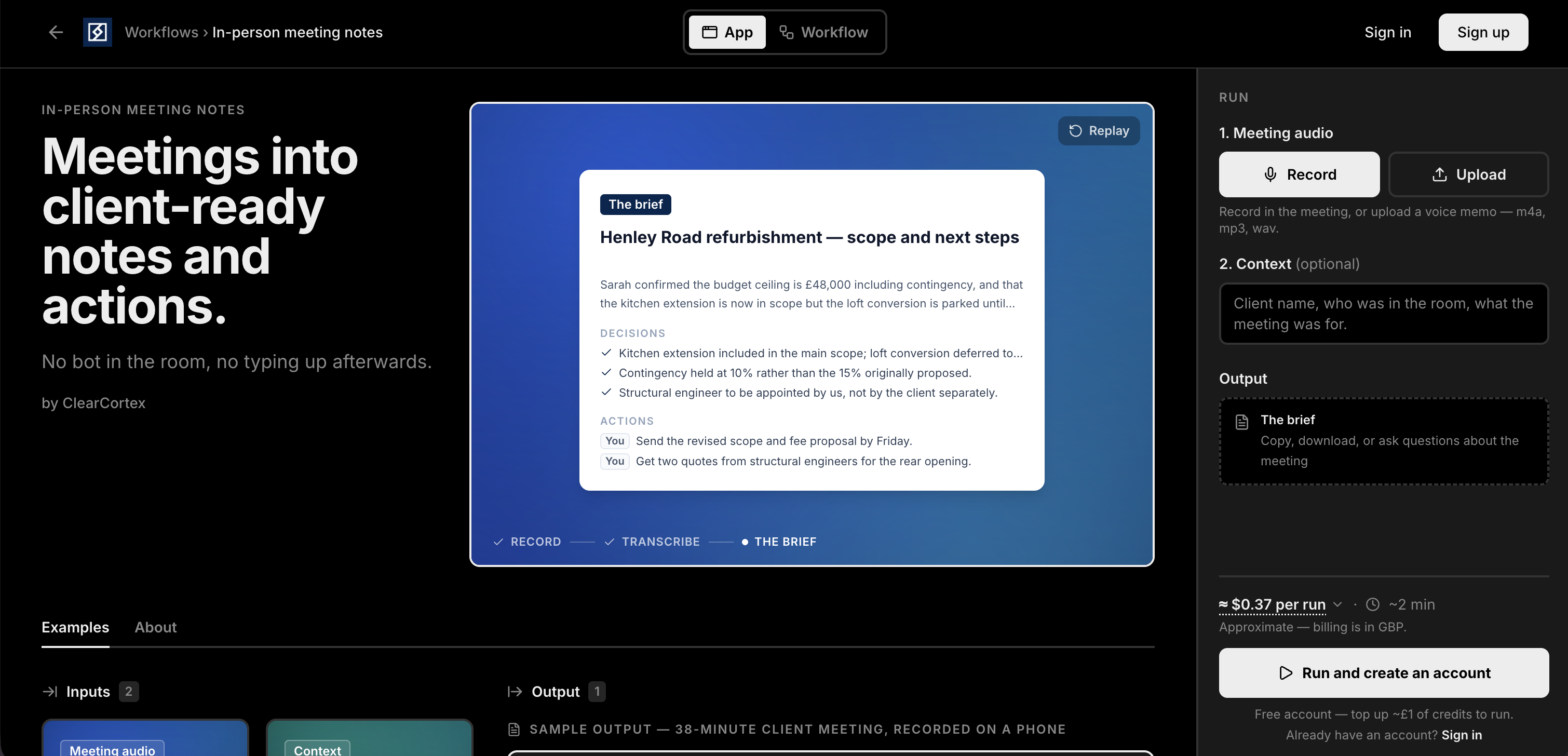 ClearCortex | Meeting Notes - Screenshot showing the interface and features of this AI tool