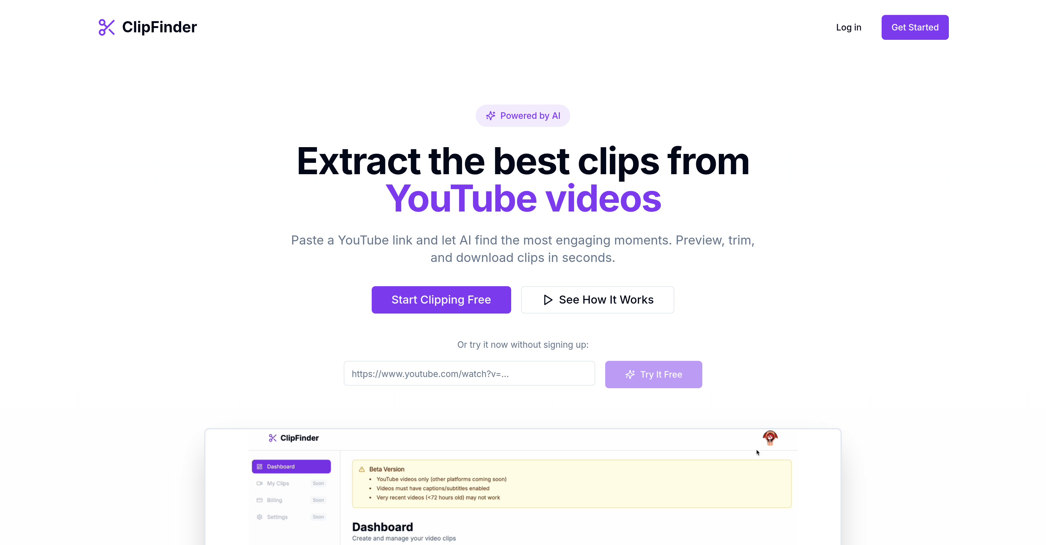 ClipFinder - Screenshot showing the interface and features of this AI tool