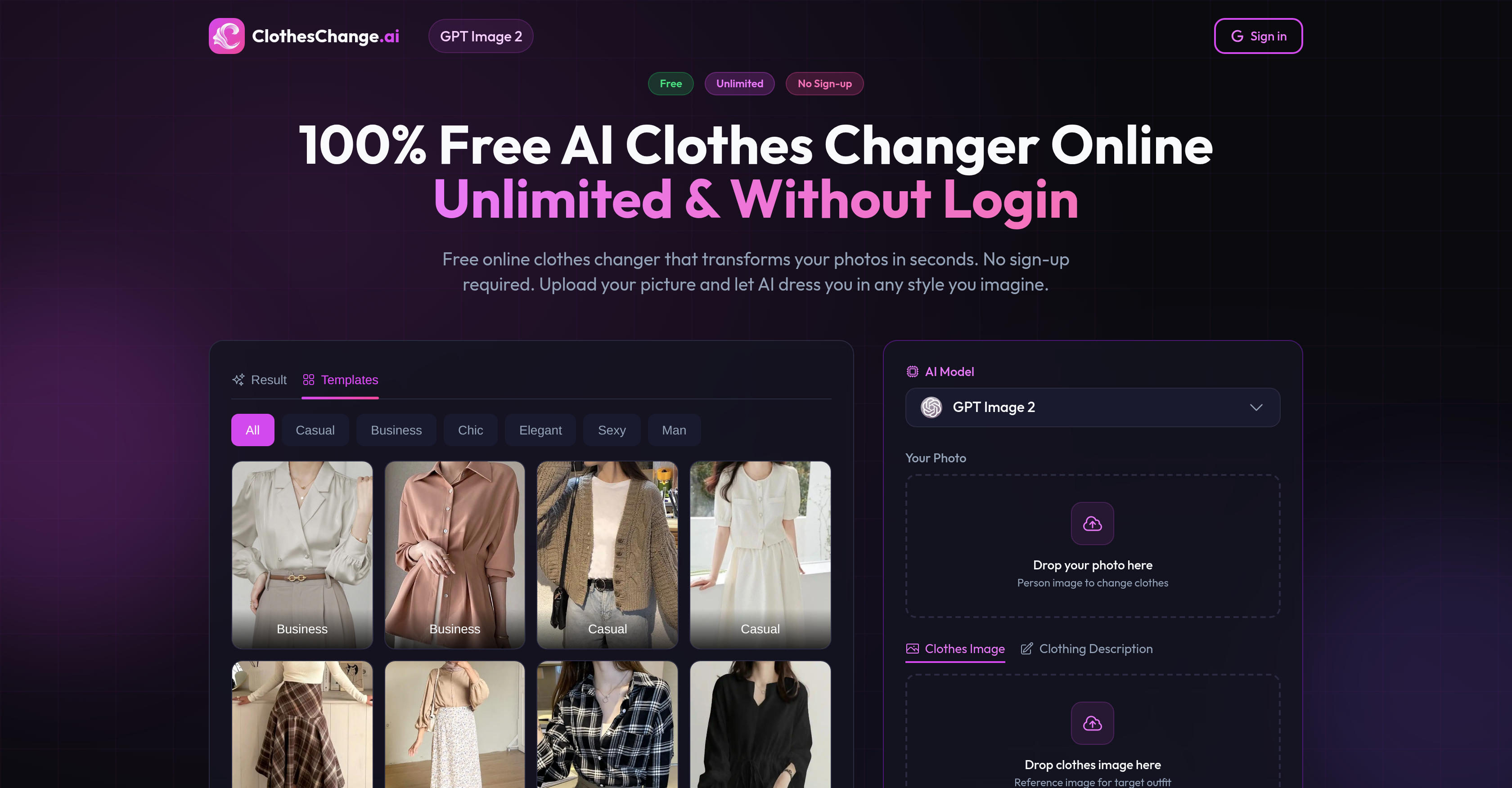 ClothesChange.ai - Screenshot showing the interface and features of this AI tool