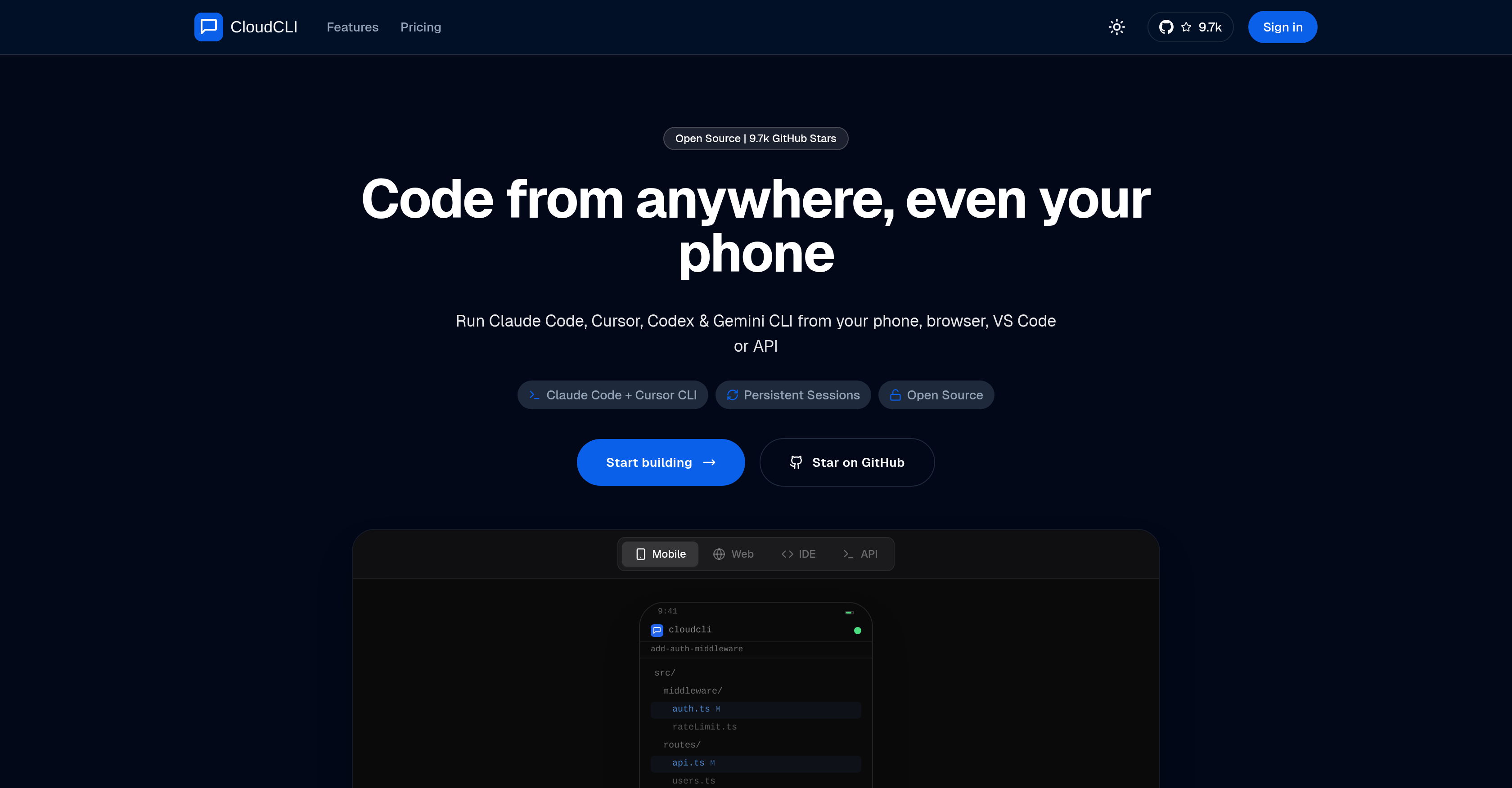 CloudCLI - Screenshot showing the interface and features of this AI tool