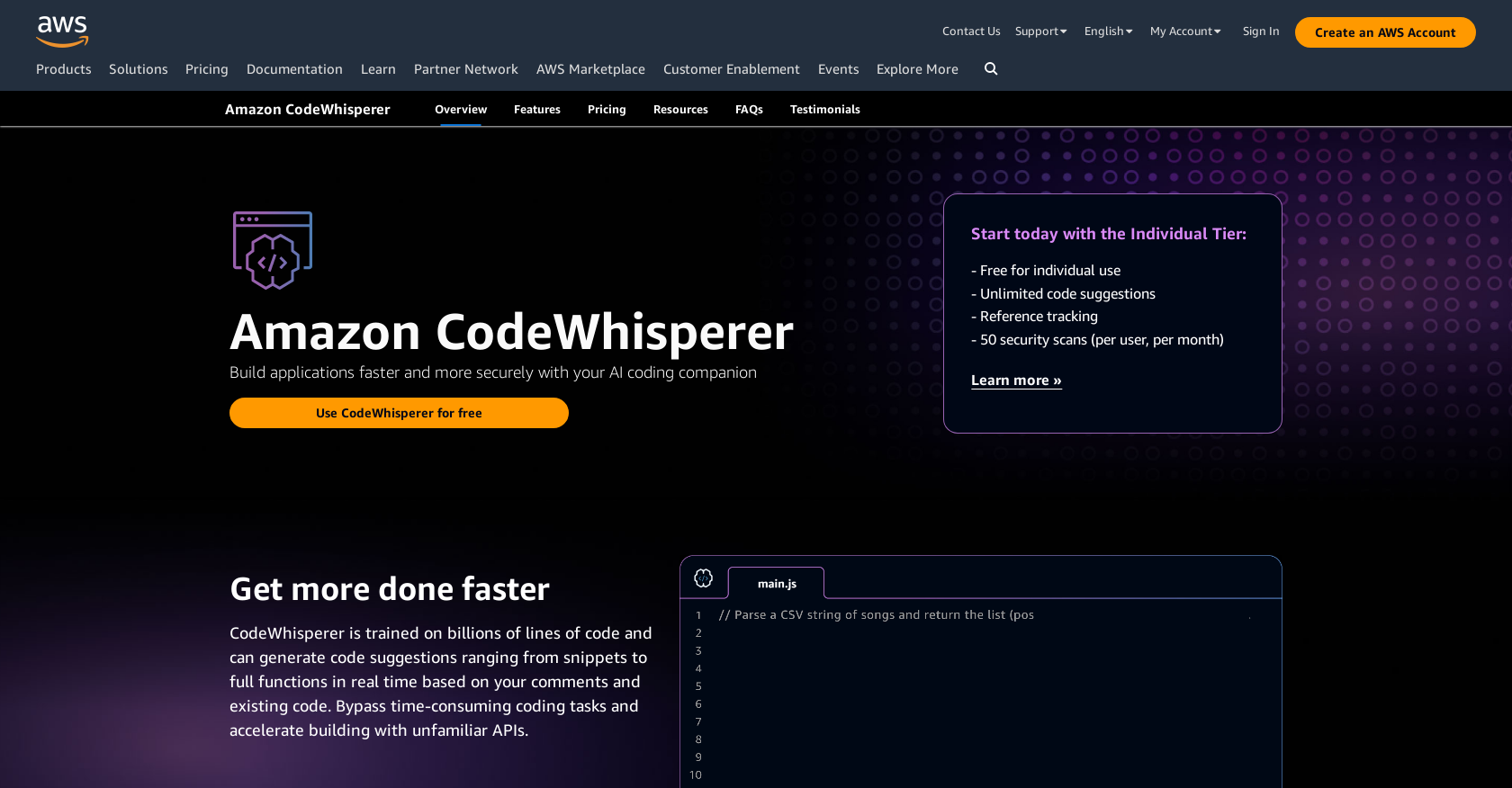 CodeWhisperer - Screenshot showing the interface and features of this AI tool