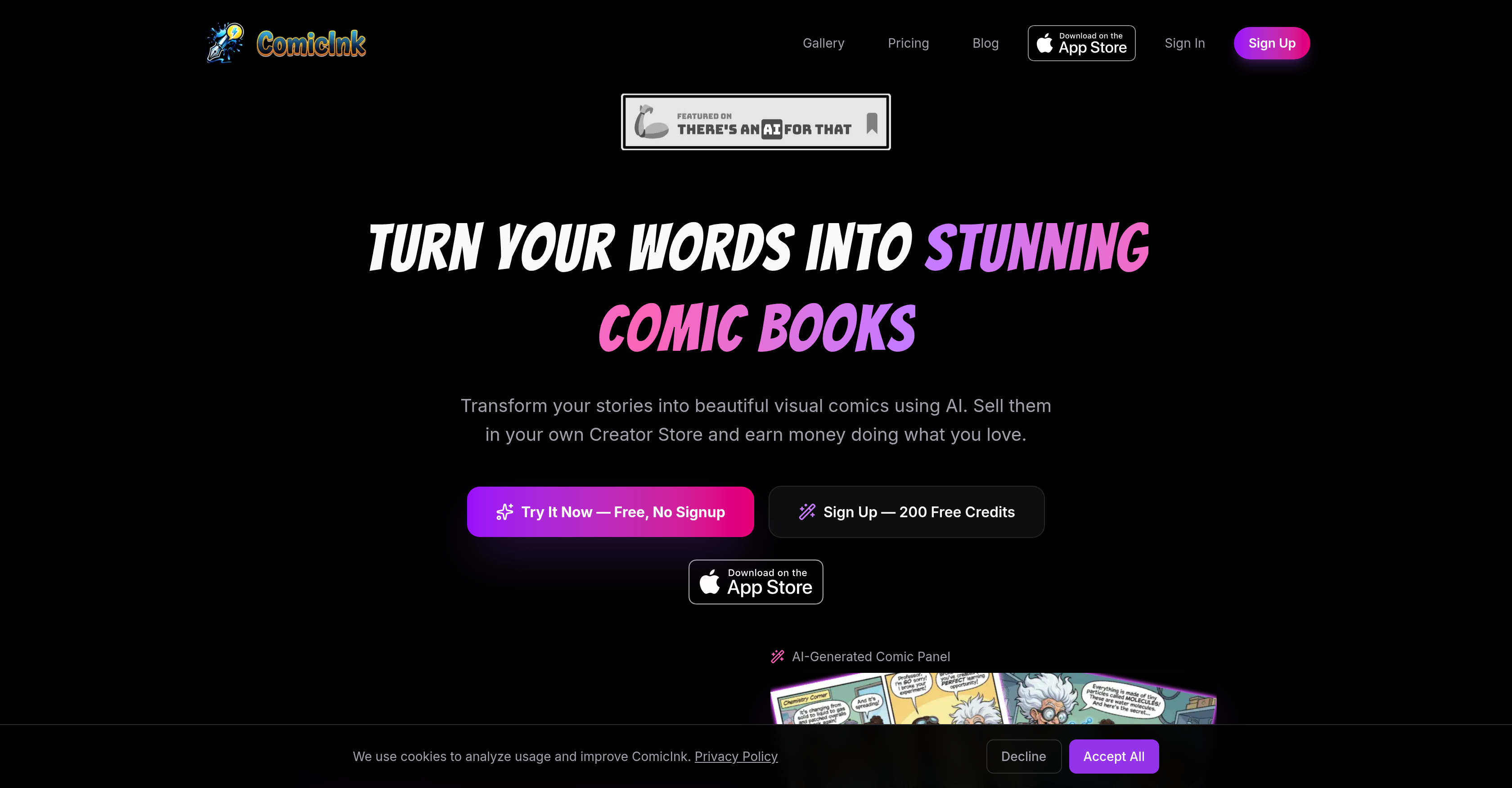 ComicInk - Screenshot showing the interface and features of this AI tool