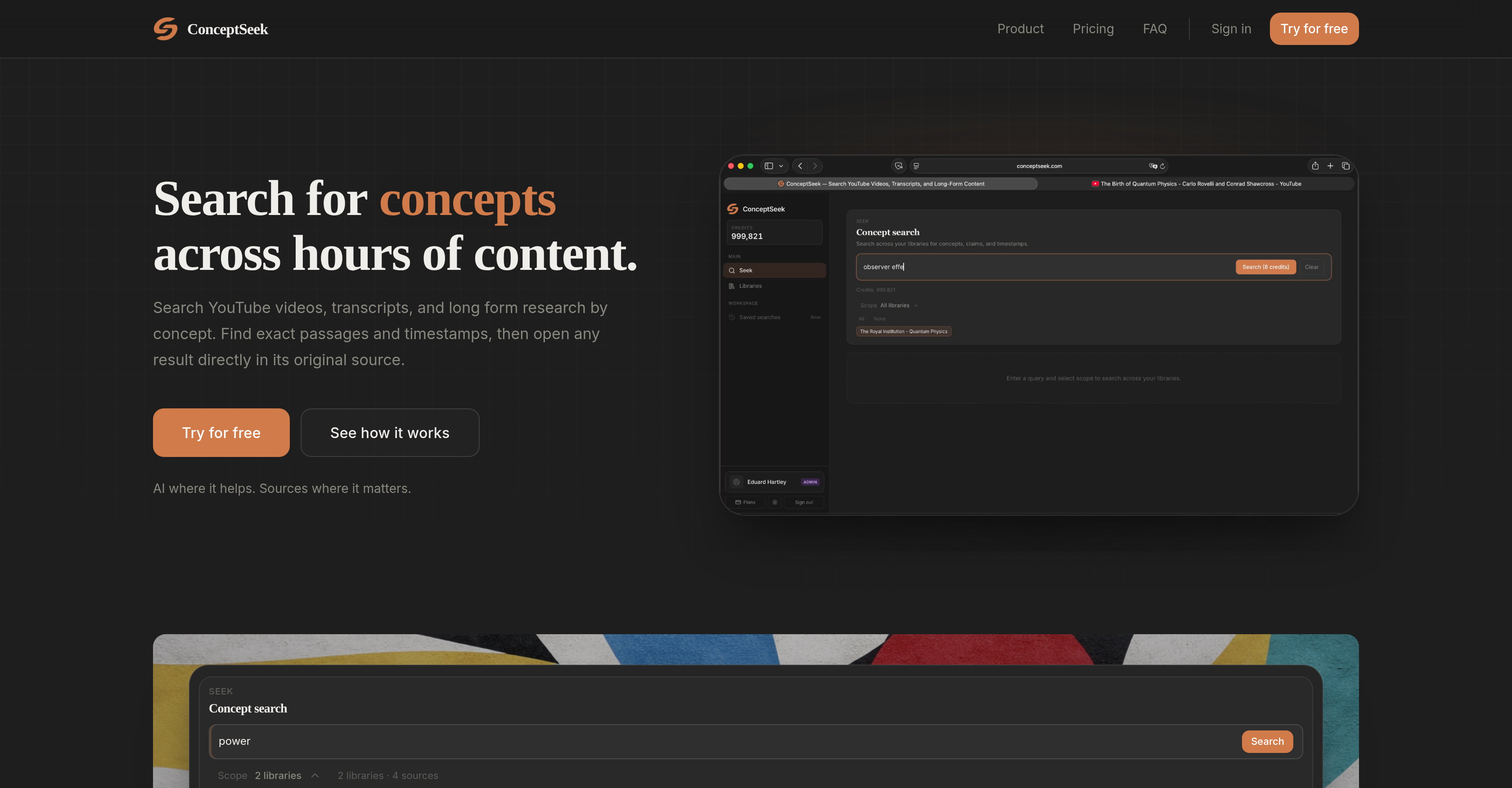 ConceptSeek - Screenshot showing the interface and features of this AI tool