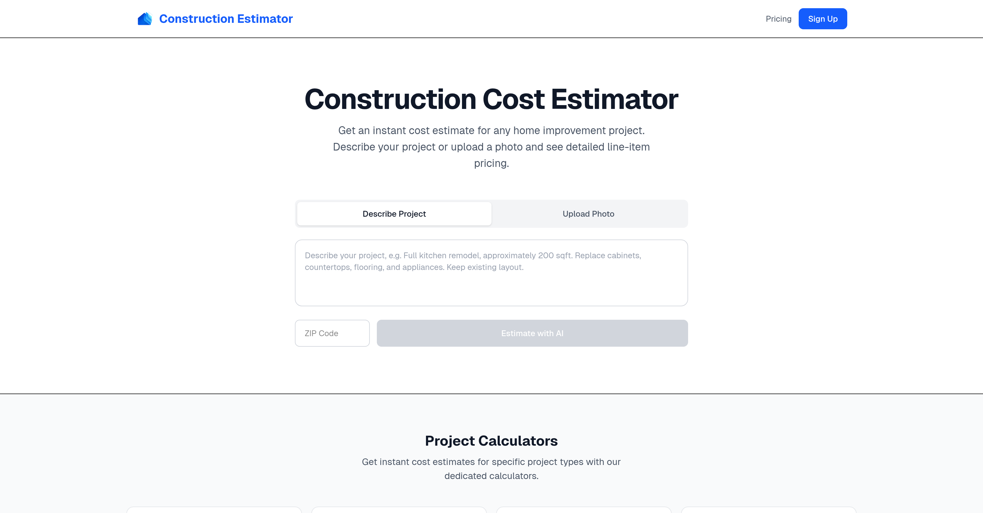 Construction Estimator - Screenshot showing the interface and features of this AI tool